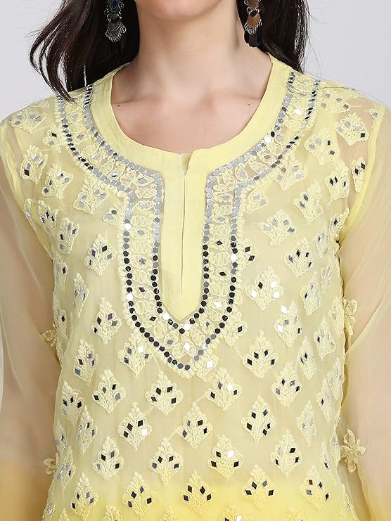 "ADR Women's Chikankari Handwork Straight Dyed Mirror Kurti, Sharara & Dupatta Set with Inner (Color Chart Available)"