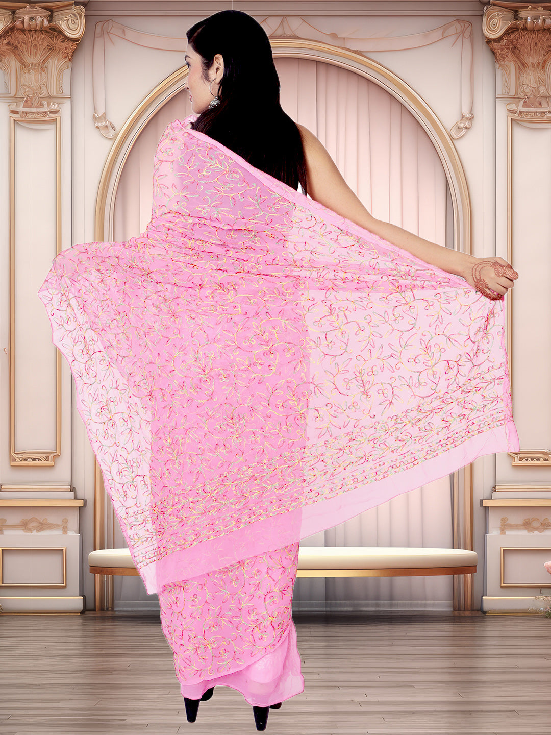 Tradition Lucknowi Chikankari Multi Thread Embroidery Georgette Pink Saree