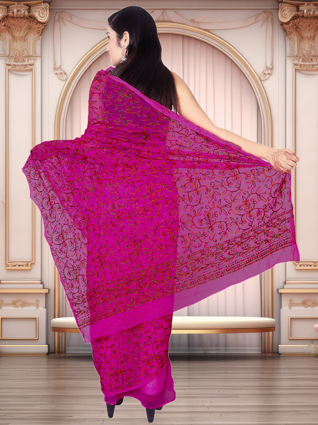 Tradition Lucknowi Chikankari Multi Thread Embroidery Georgette Rani Pink Saree