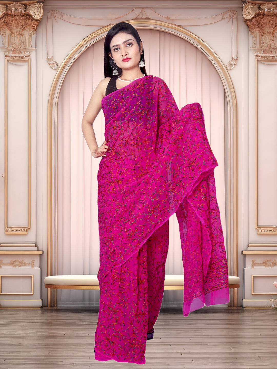 Tradition Lucknowi Chikankari Multi Thread Embroidery Georgette Rani Pink Saree