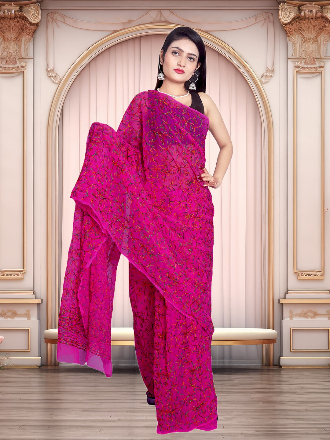 Tradition Lucknowi Chikankari Multi Thread Embroidery Georgette Rani Pink Saree