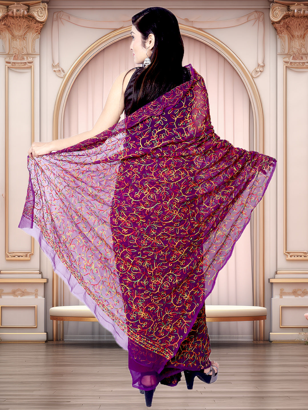 Tradition Lucknowi Chikankari Multi Thread Embroidery Georgette Purple Saree