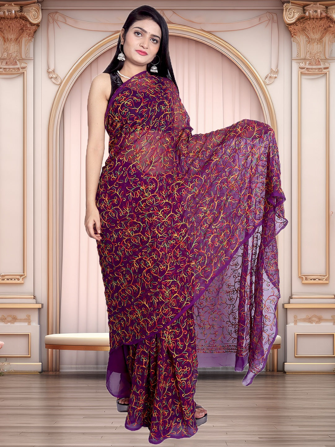 Tradition Lucknowi Chikankari Multi Thread Embroidery Georgette Purple Saree