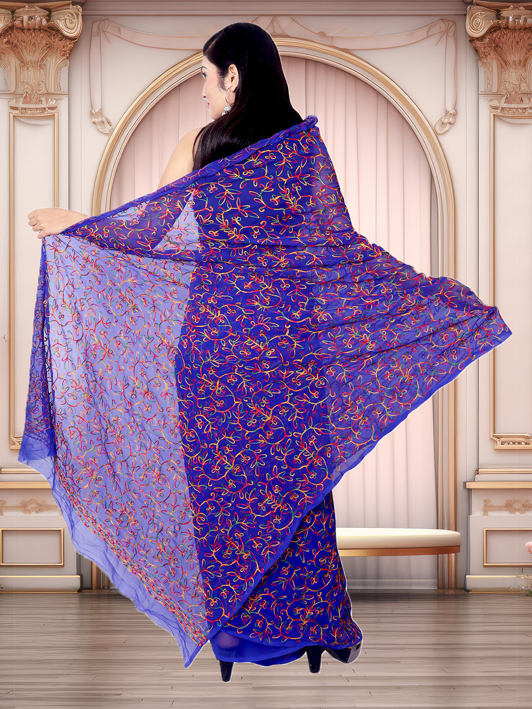 Tradition Lucknowi Chikankari Multi Thread Embroidery Georgette Royal Blue Saree