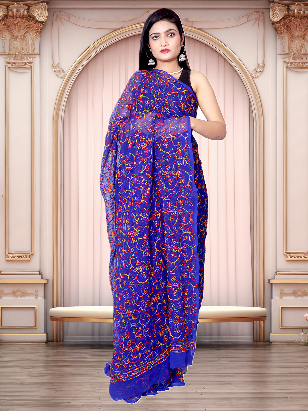 Tradition Lucknowi Chikankari Multi Thread Embroidery Georgette Royal Blue Saree