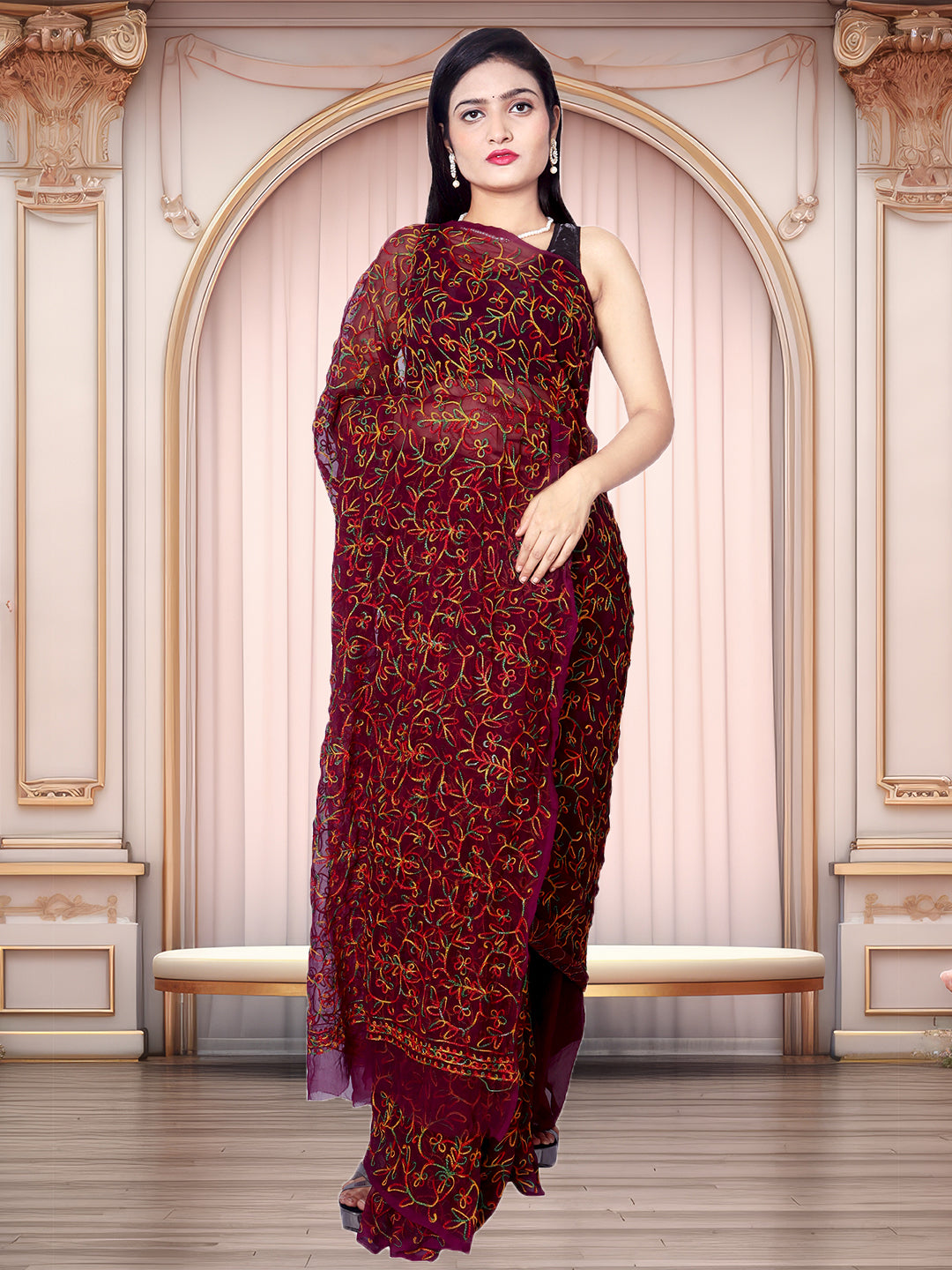 Tradition Lucknowi Chikankari Multi Thread Embroidery Georgette Wine Saree
