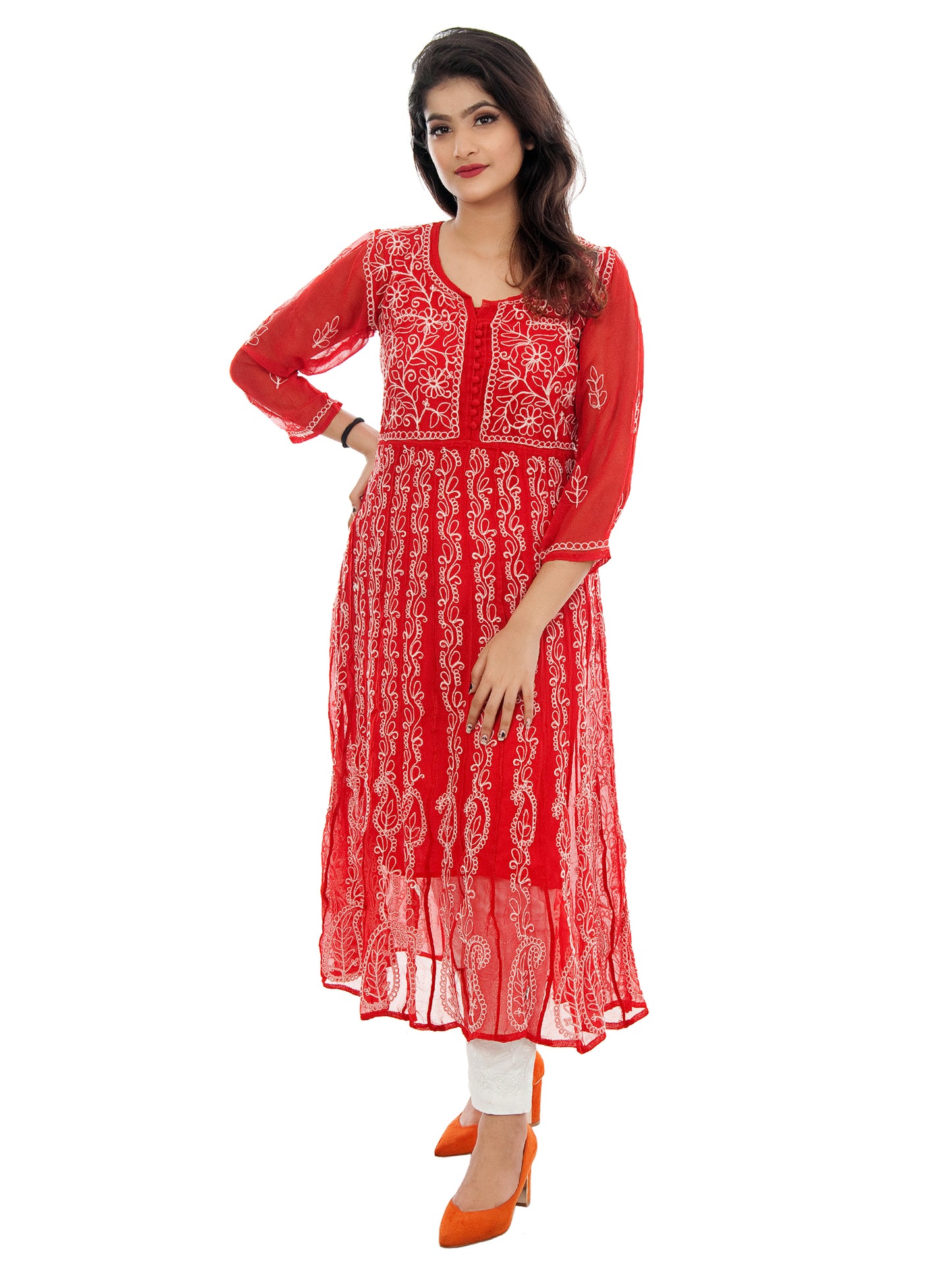 Lucknowi Chikankari Self-Tone Thread Aari Work Georgette 24-Kali Ankle-Length Anarkali with Matching Lining & Lycra Cotton Stretchable Pant Set | ADR Chikan