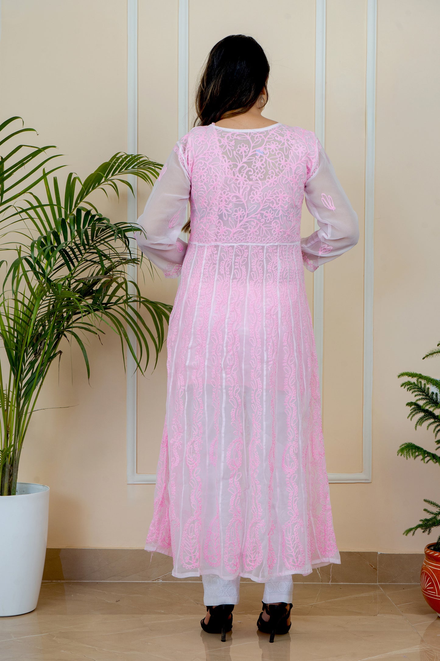Lucknowi Chikankari Aari Embroidery Georgette Anarkali Kurti with Matching Inner | ADR Chikan