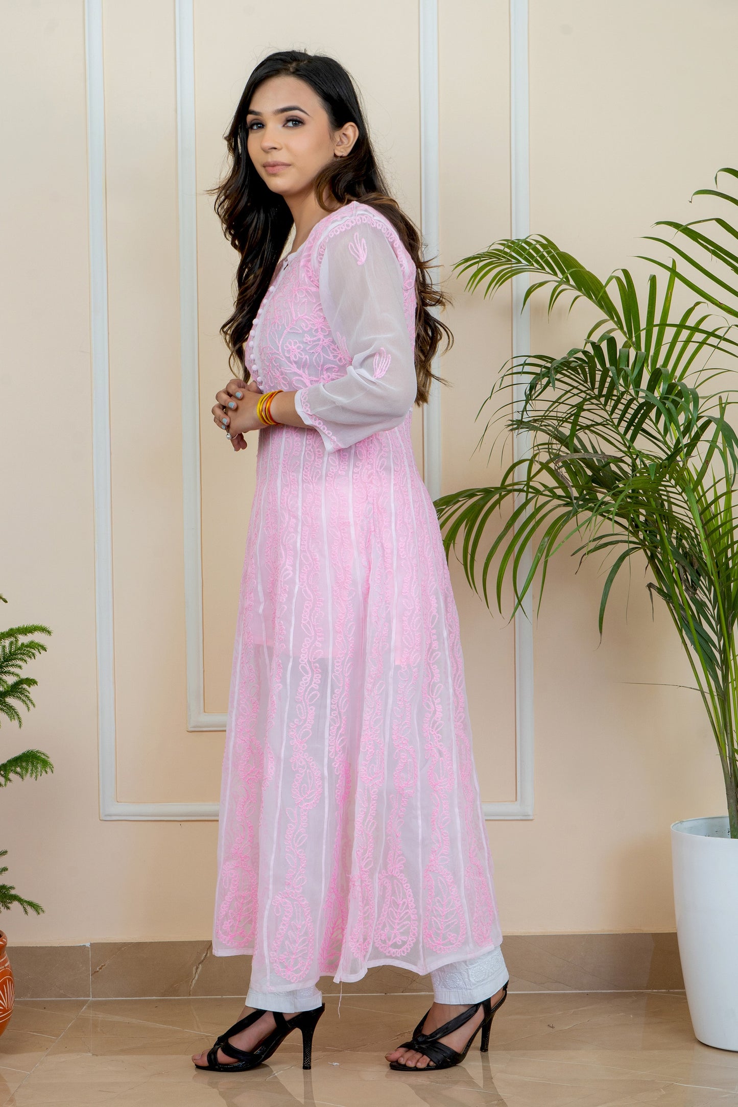 Lucknowi Chikankari Aari Embroidery Georgette Anarkali Kurti with Matching Inner | ADR Chikan