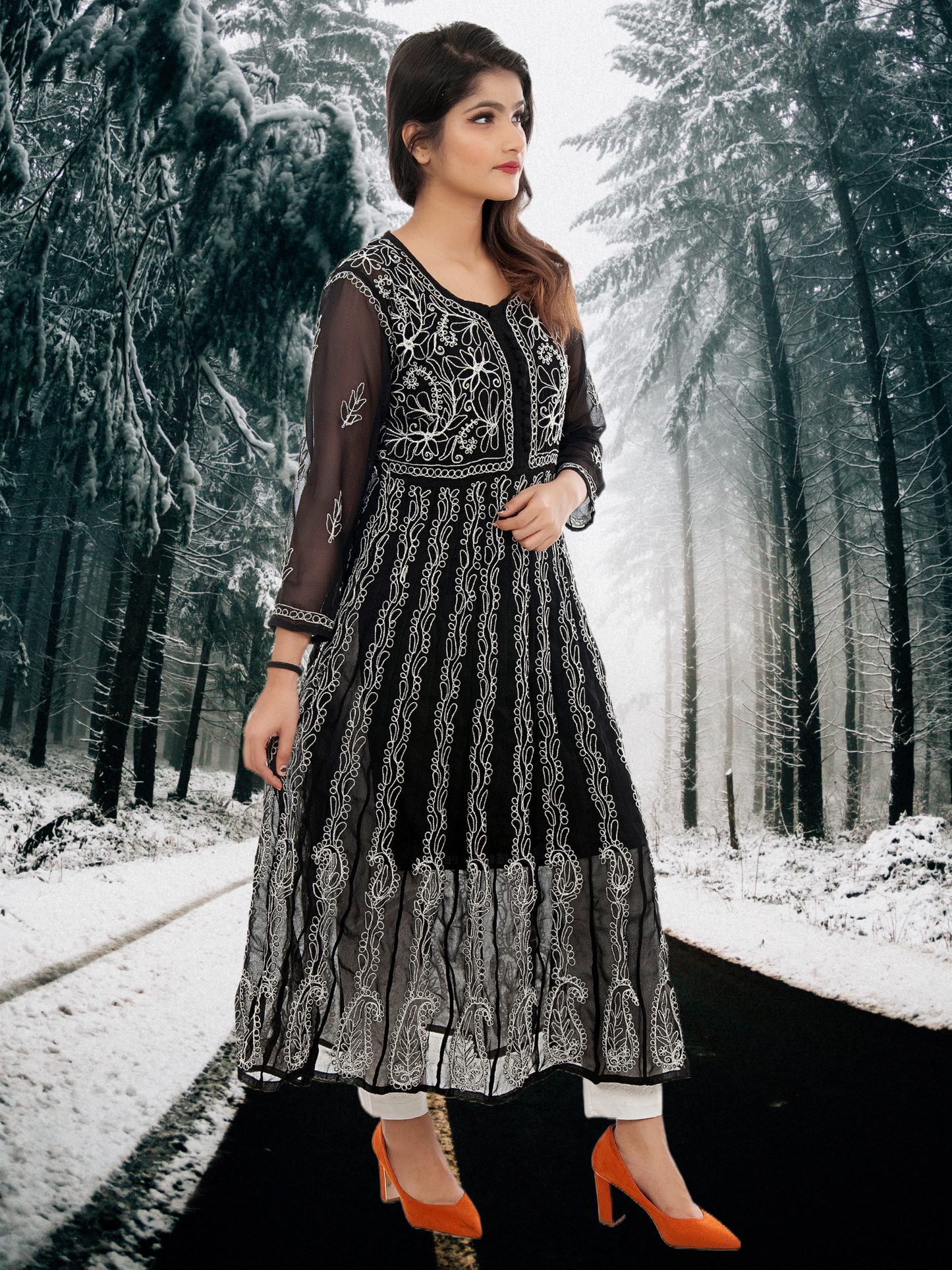Lucknowi Chikankari Aari Embroidrey Anarkali Kurti With Matching Inner(Color Chart)
