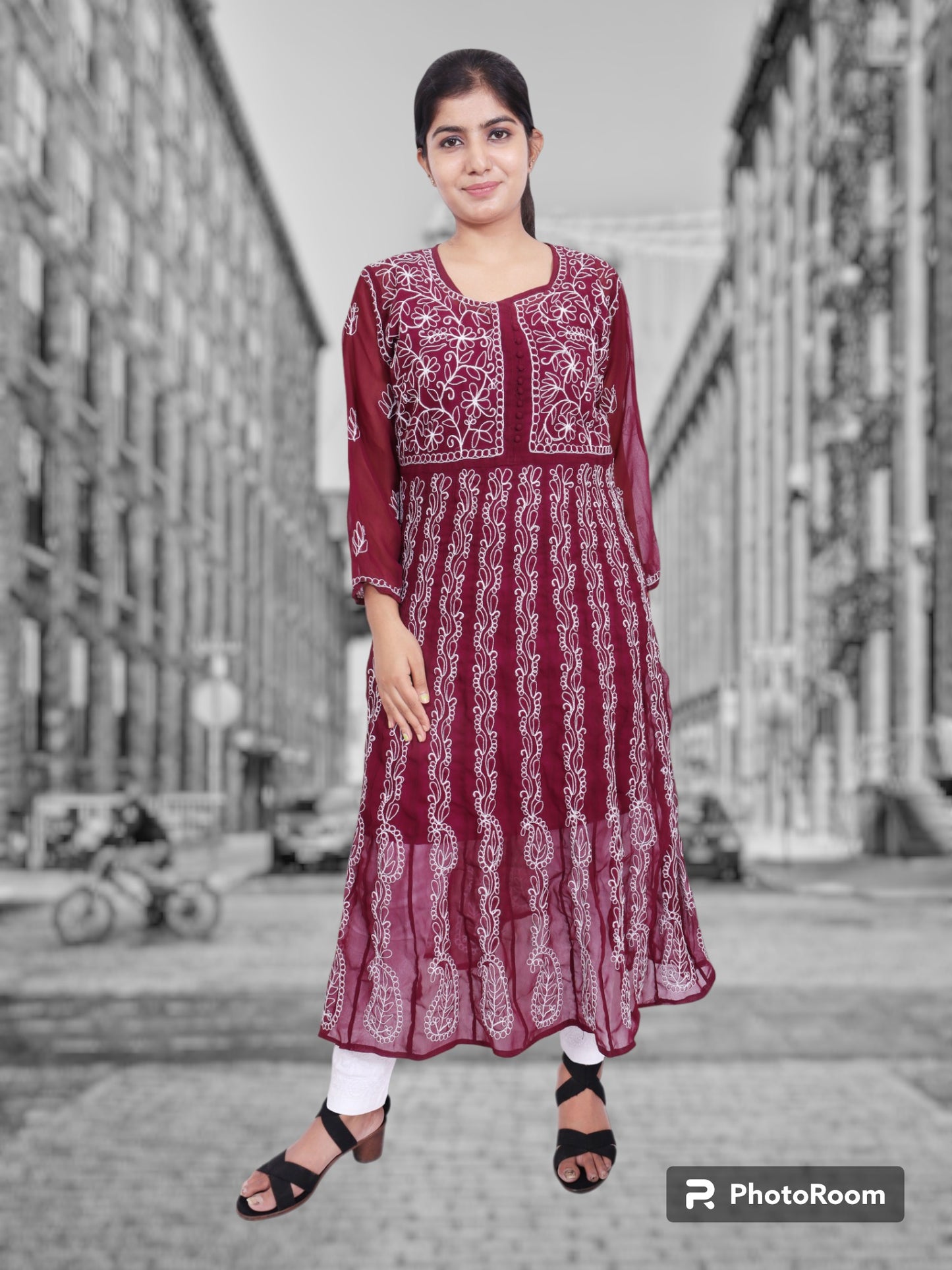 Lucknowi Chikankari Aari Embroidrey Anarkali Kurti With Matching Inner(Color Chart)