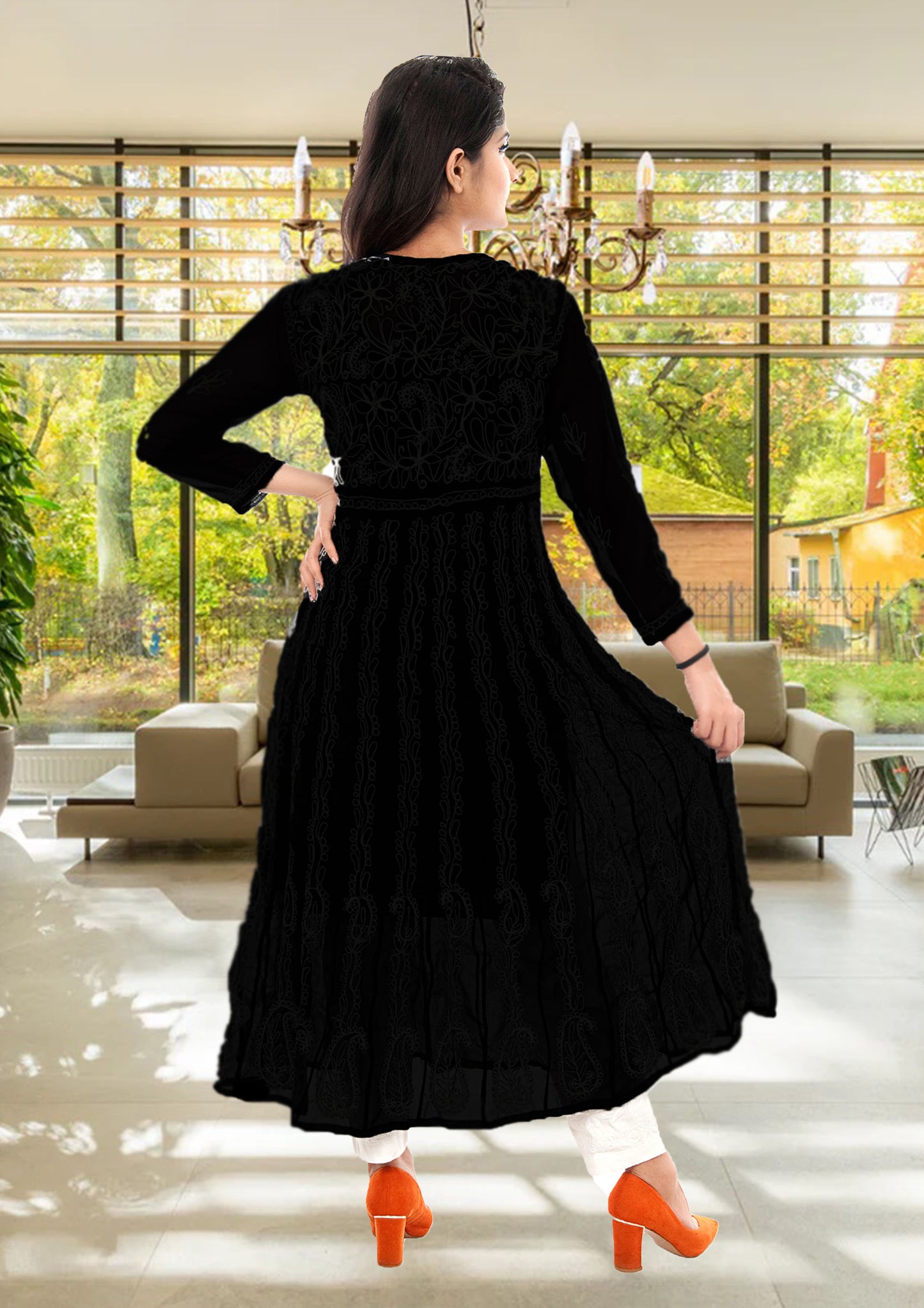 Lucknowi Chikankari Aari Embroidery Georgette Anarkali Kurti ( Black )with Matching Inner | ADR Chikan