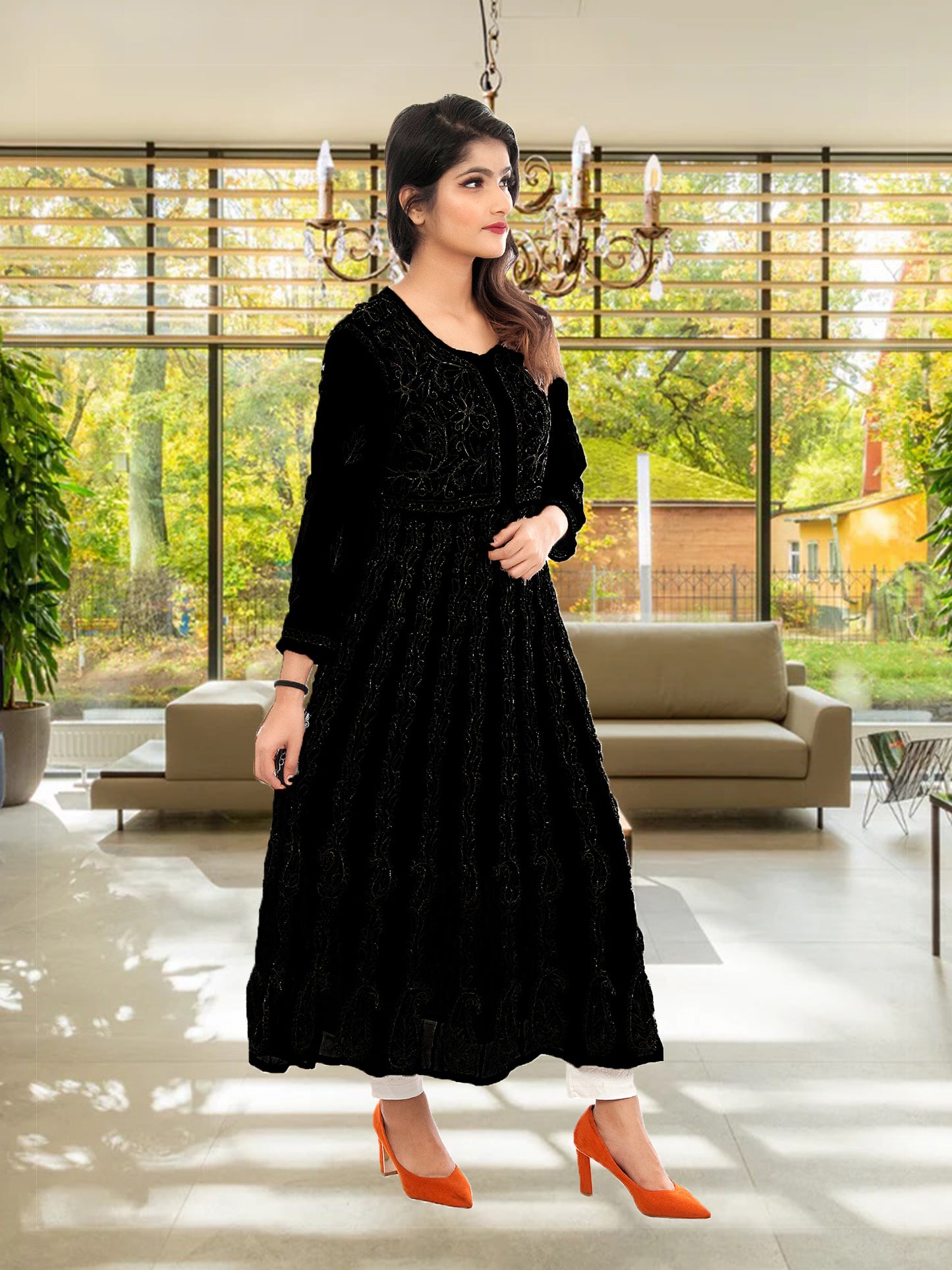 Lucknowi Chikankari Aari Embroidery Georgette Anarkali Kurti ( Black )with Matching Inner | ADR Chikan