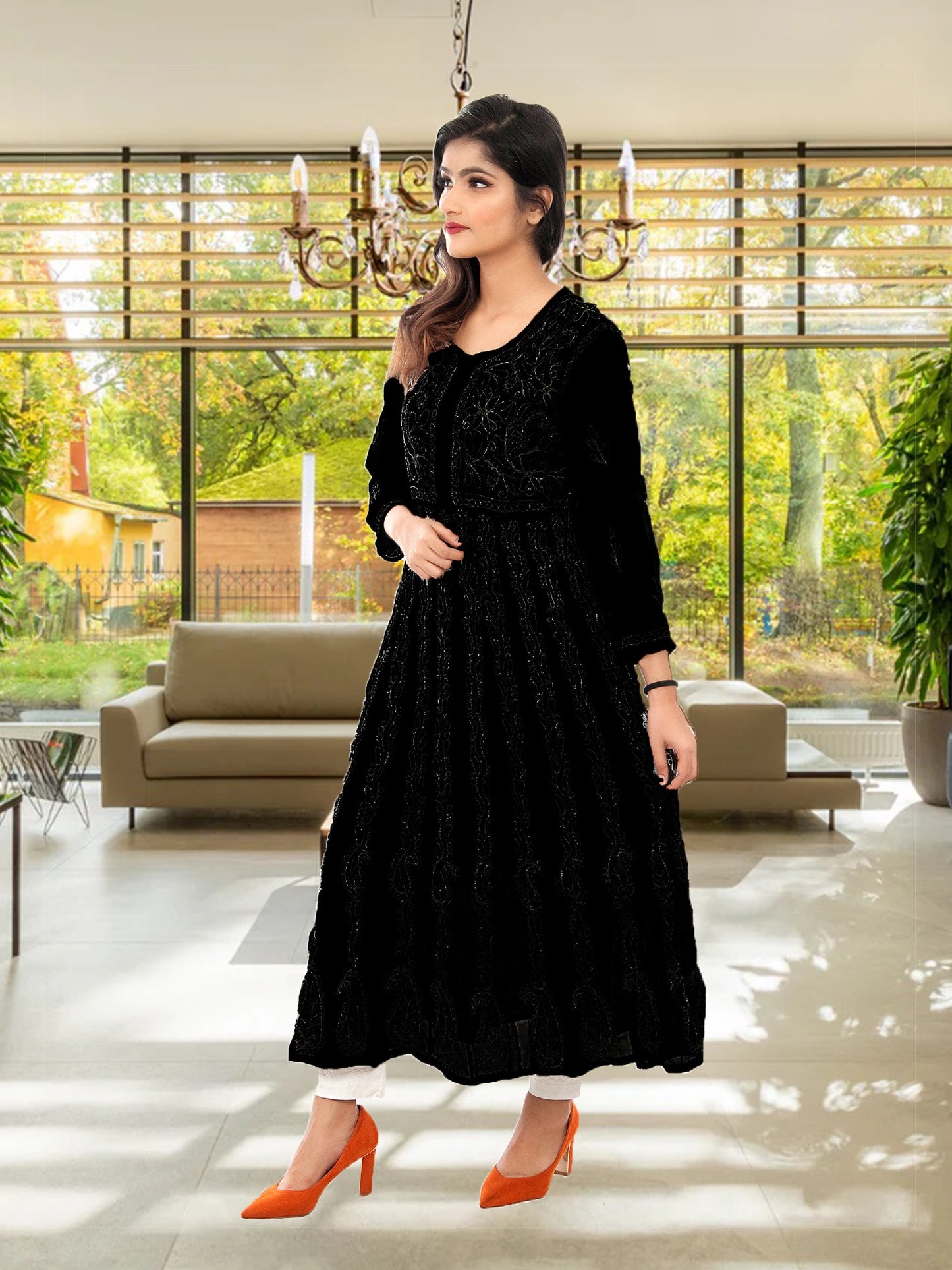 Lucknowi Chikankari Aari Embroidery Georgette Anarkali Kurti ( Black )with Matching Inner | ADR Chikan