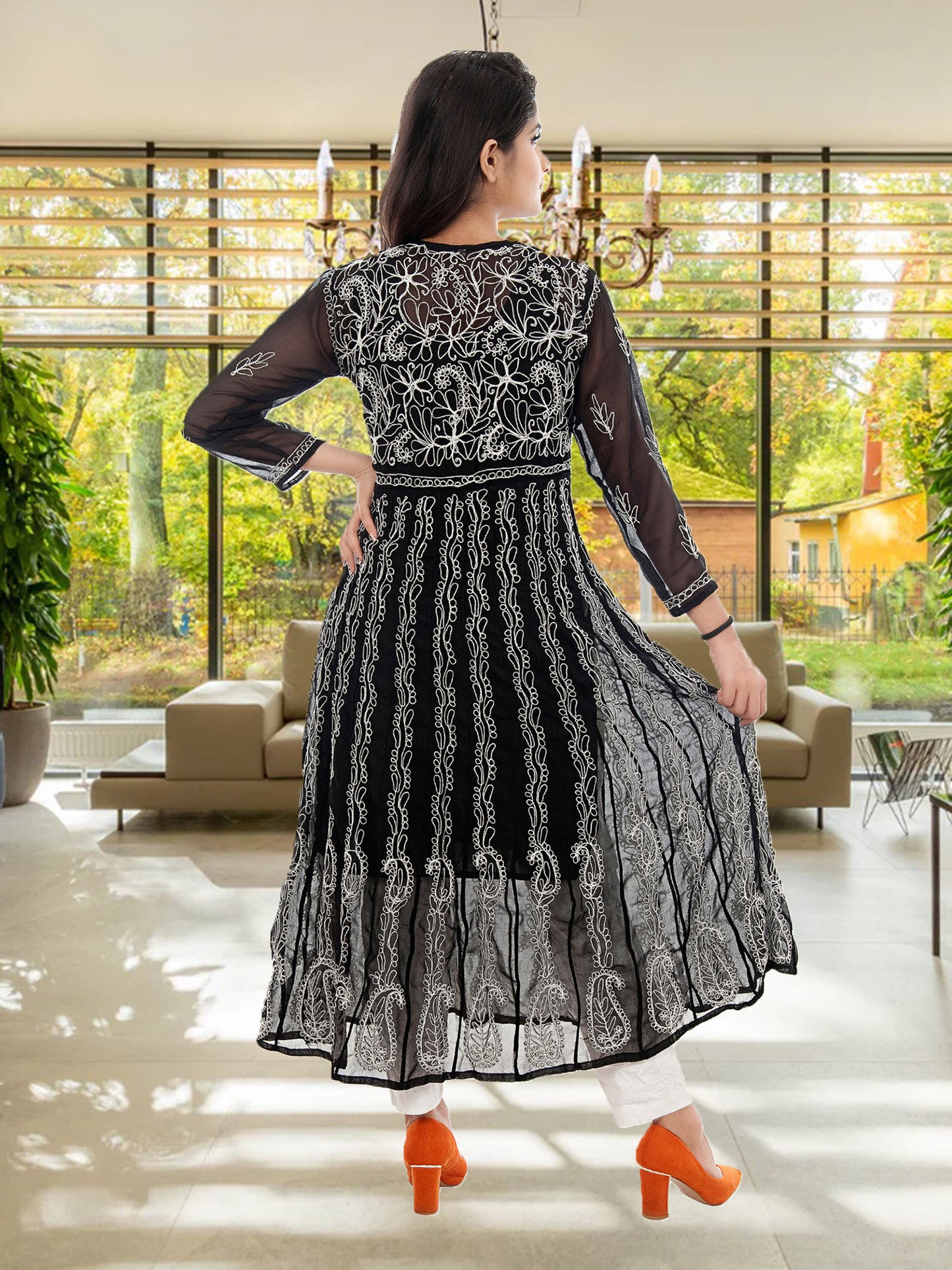 Lucknowi Chikankari Aari Embroidery Georgette Anarkali Kurti ( Black )with Matching Inner | ADR Chikan