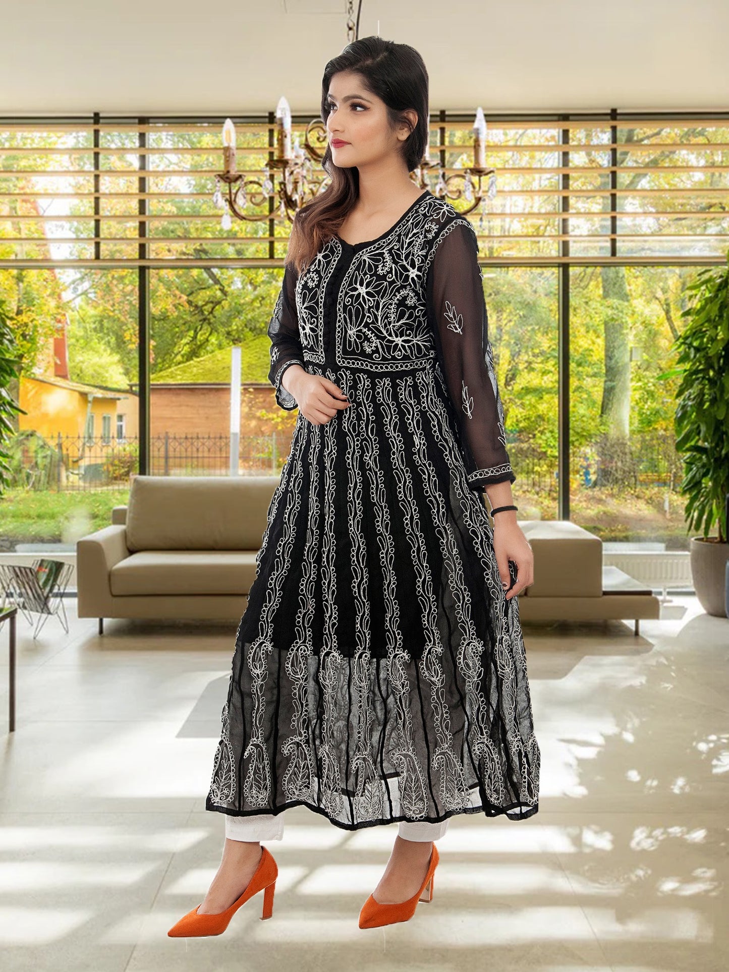 Lucknowi Chikankari Aari Embroidery Georgette Anarkali Kurti ( Black )with Matching Inner | ADR Chikan