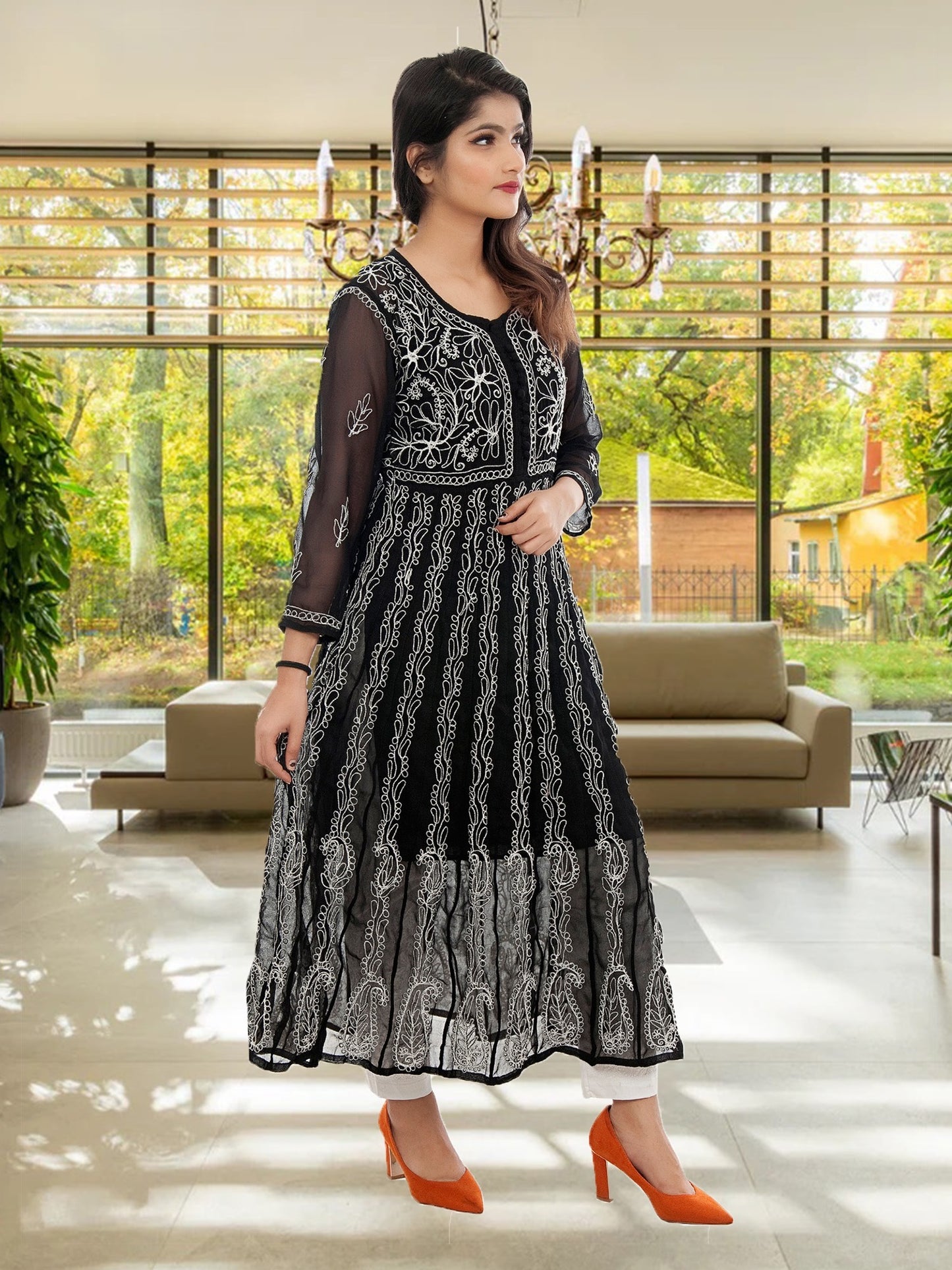 Lucknowi Chikankari Aari Embroidery Georgette Anarkali Kurti ( Black )with Matching Inner | ADR Chikan