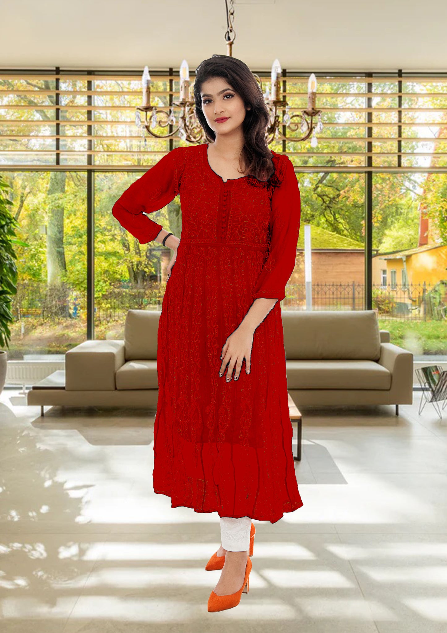 Lucknowi Chikankari Aari Embroidery Georgette Anarkali Kurti with Matching Inner | ADR Chikan