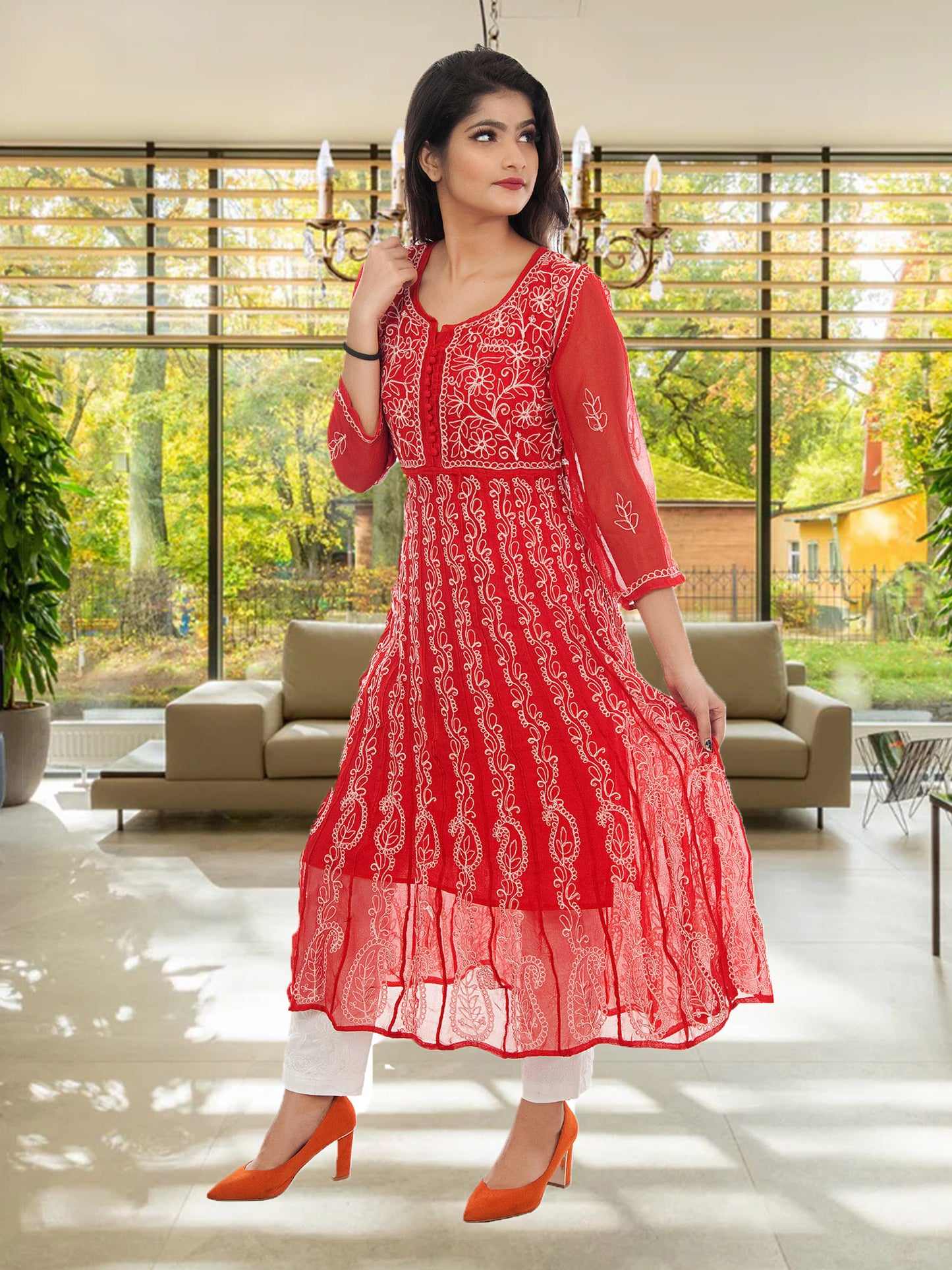 Lucknowi Chikankari Aari Embroidery Georgette Anarkali Kurti ( RED )with Matching Inner | ADR Chikan