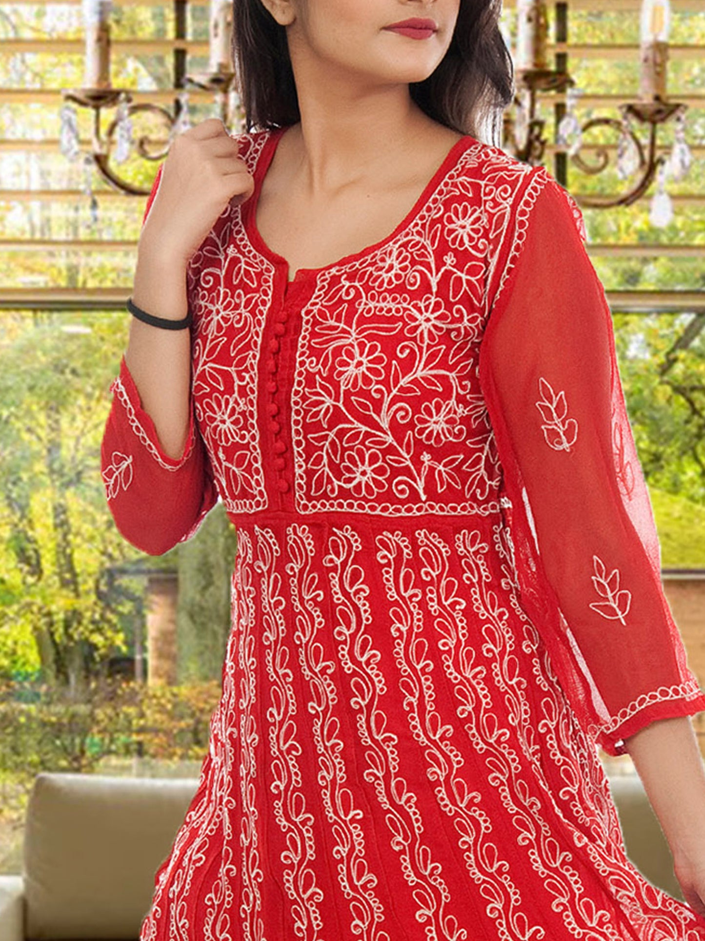 Lucknowi Chikankari Aari Embroidery Georgette Anarkali Kurti ( RED )with Matching Inner | ADR Chikan