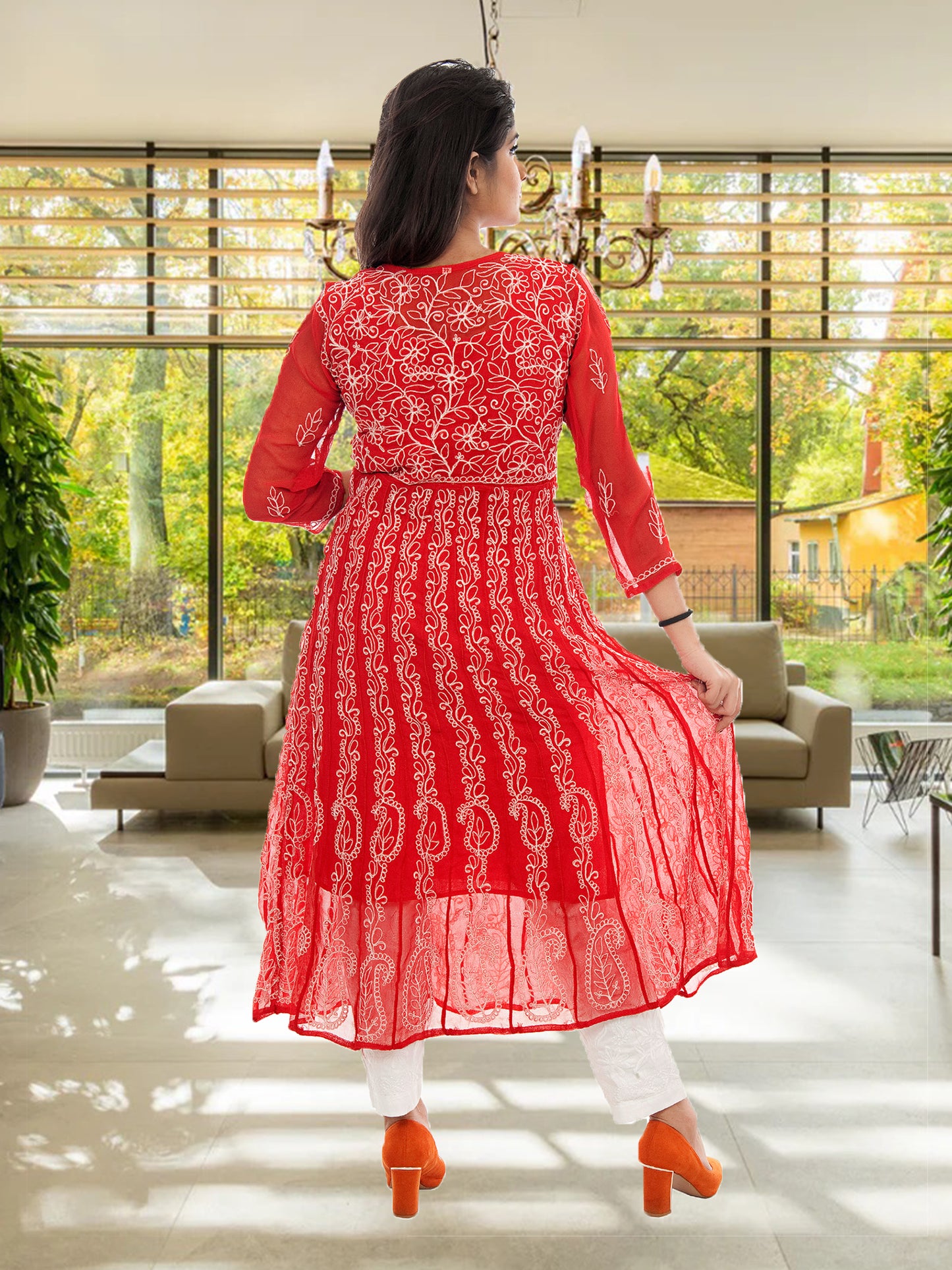 Lucknowi Chikankari Aari Embroidery Georgette Anarkali Kurti ( RED )with Matching Inner | ADR Chikan