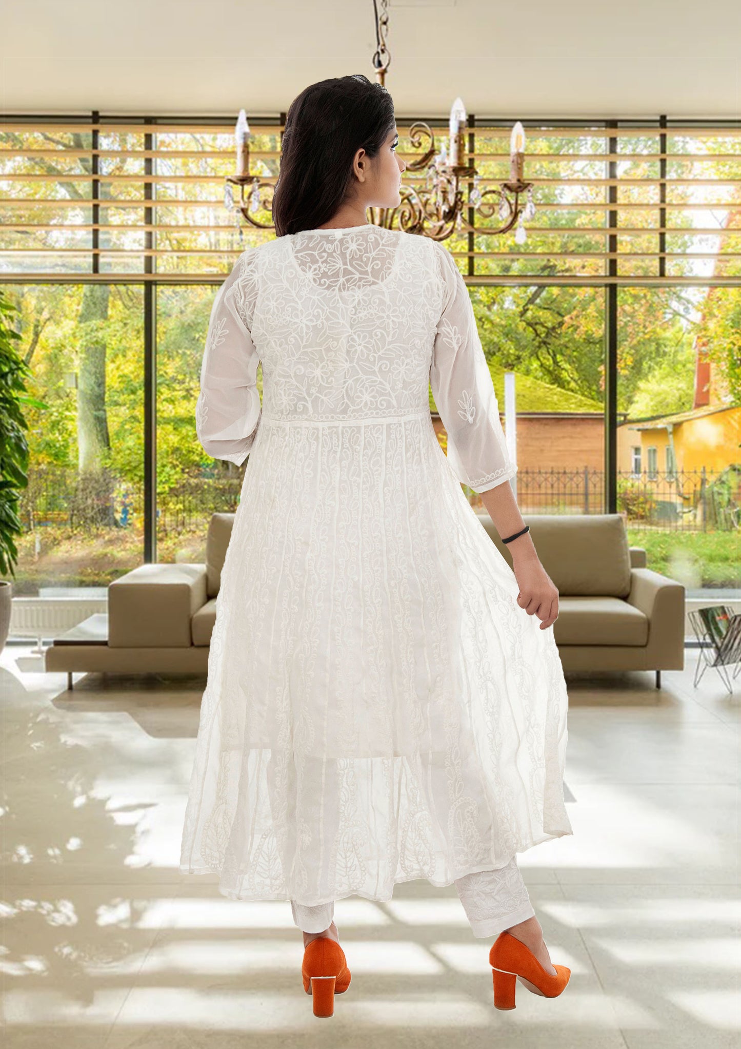 Lucknowi Chikankari Aari Embroidery Georgette Anarkali Kurti ( WHITE )with Matching Inner | ADR Chikan