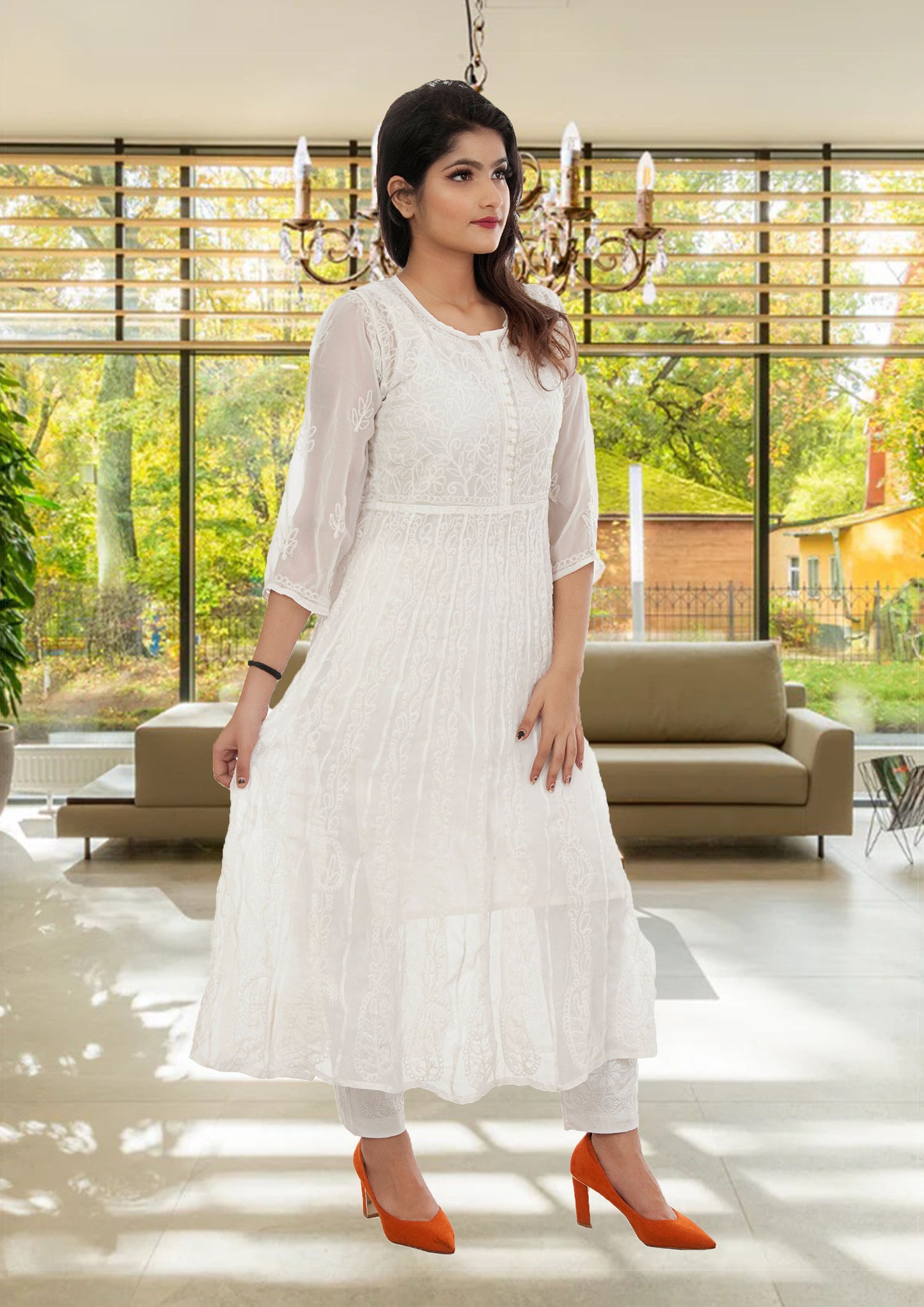 Lucknowi Chikankari Aari Embroidery Georgette Anarkali Kurti ( WHITE )with Matching Inner | ADR Chikan
