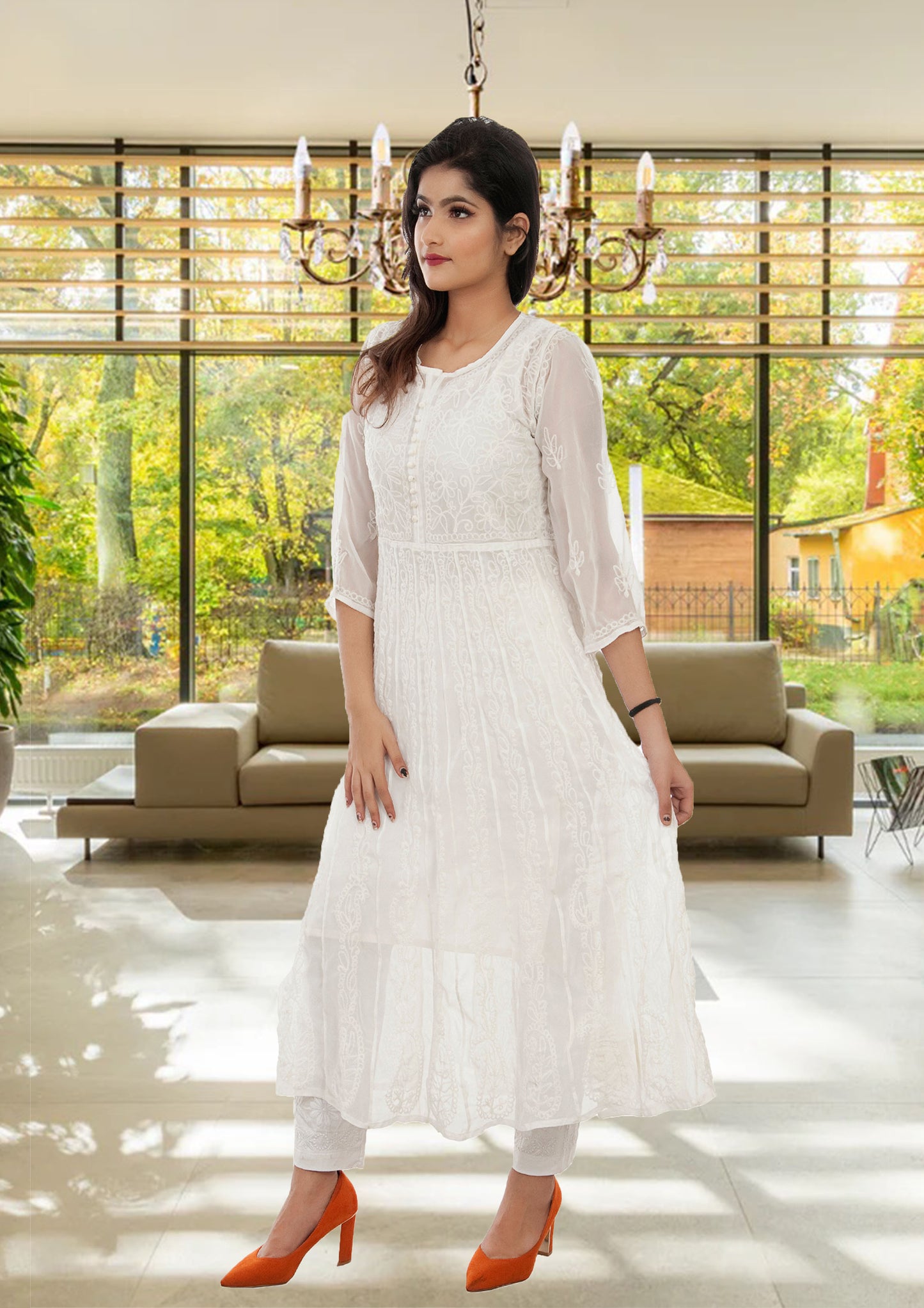 Lucknowi Chikankari Aari Embroidery Georgette Anarkali Kurti ( WHITE )with Matching Inner | ADR Chikan