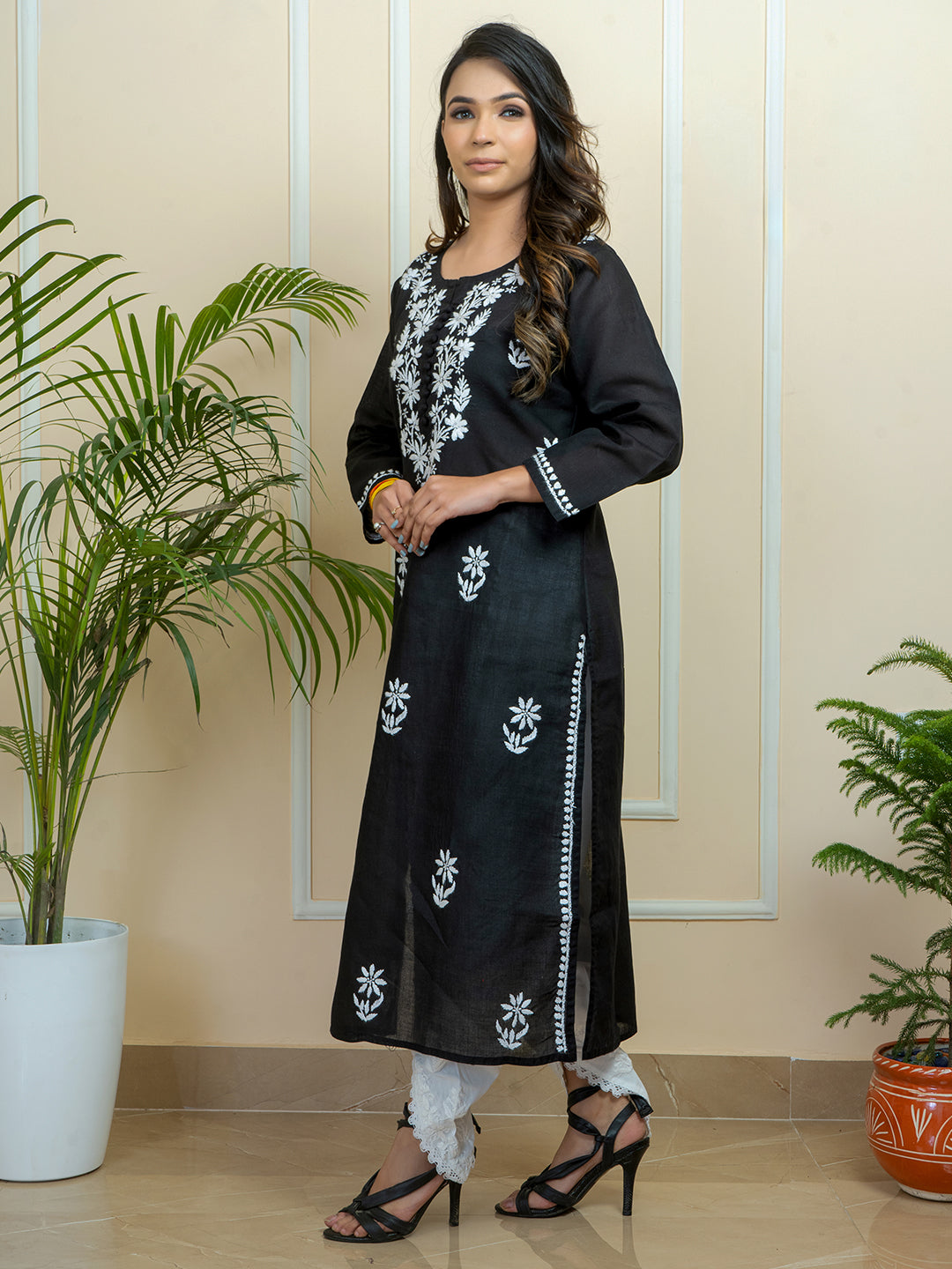 Celebrity Collection: Exquisite Lucknowi Chikankari Handwork Cotton Long Kurti by ADR Chikan