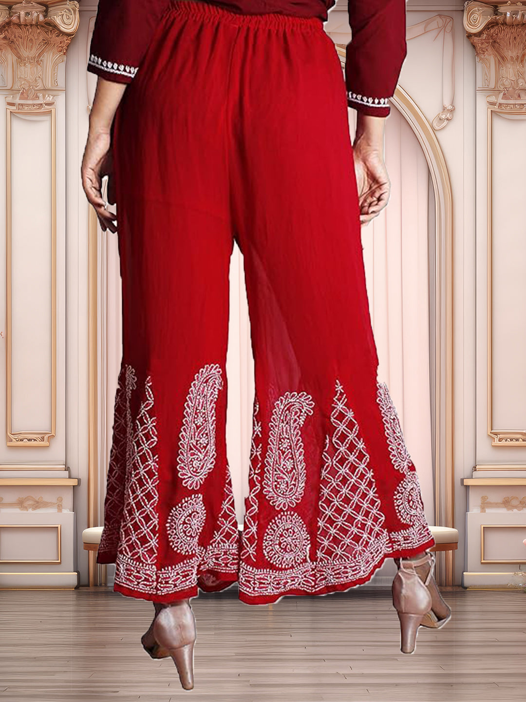 Lucknowi Chikankari Handwork Georgette Red/White Sharara by ADR Chikan