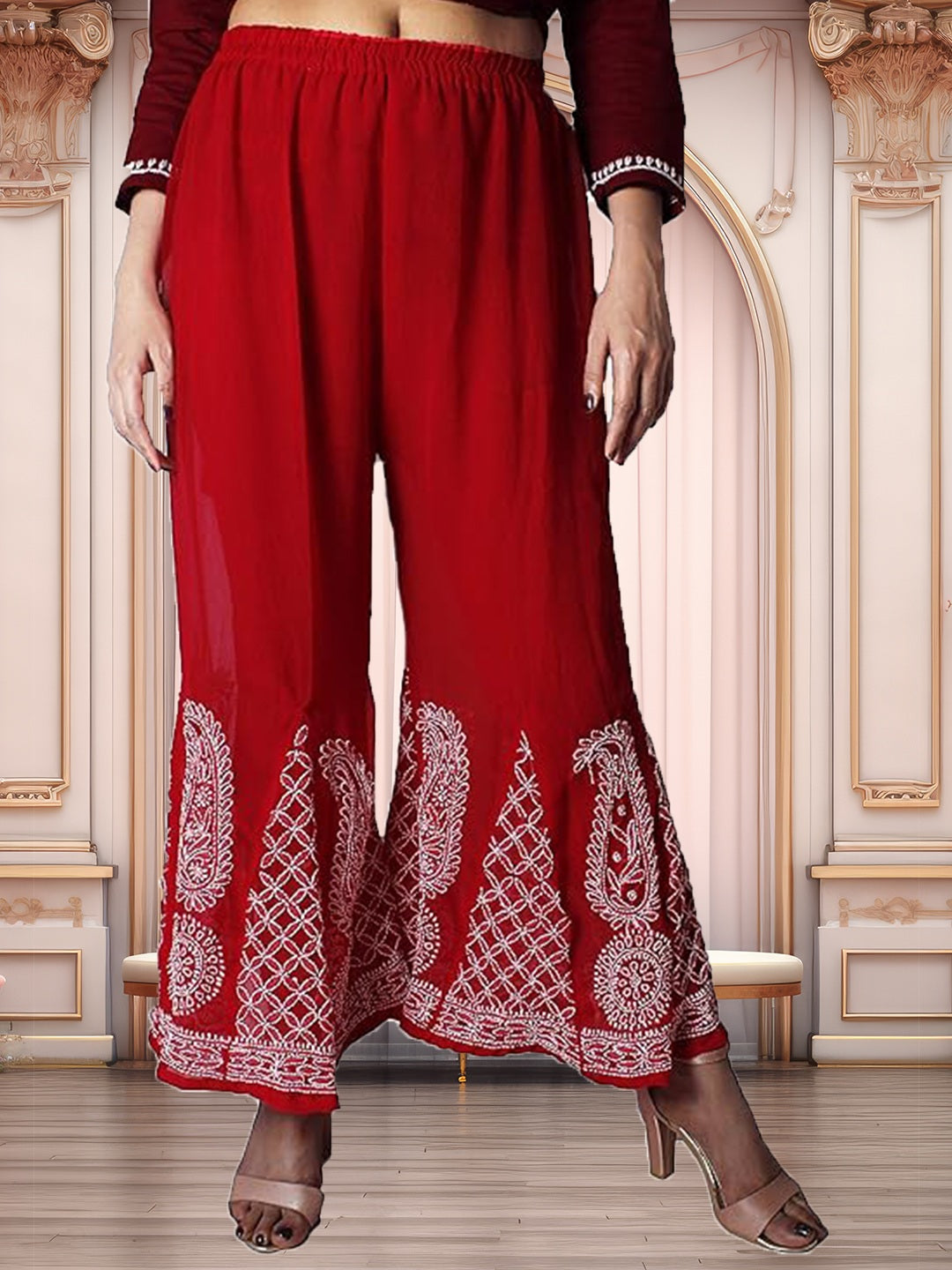 Lucknowi Chikankari Handwork Georgette Red/White Sharara by ADR Chikan