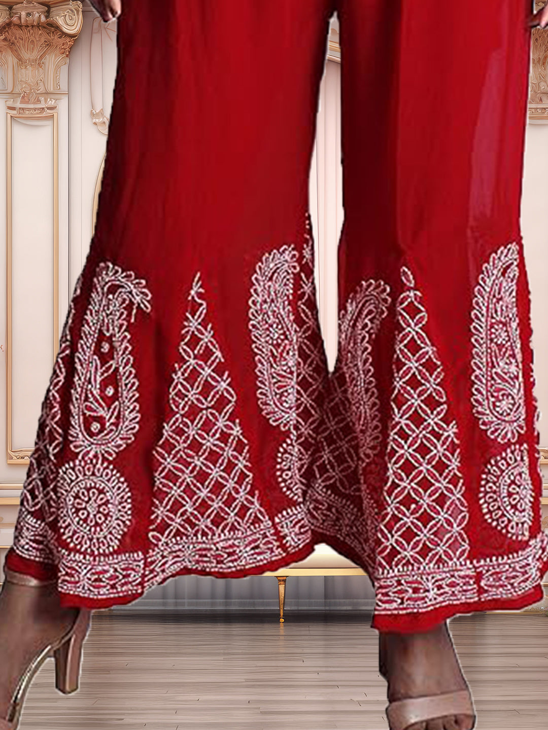 Lucknowi Chikankari Handwork Georgette Red/White Sharara by ADR Chikan