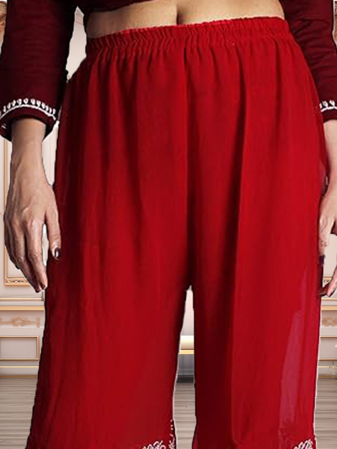 Lucknowi Chikankari Handwork Georgette Red/White Sharara by ADR Chikan