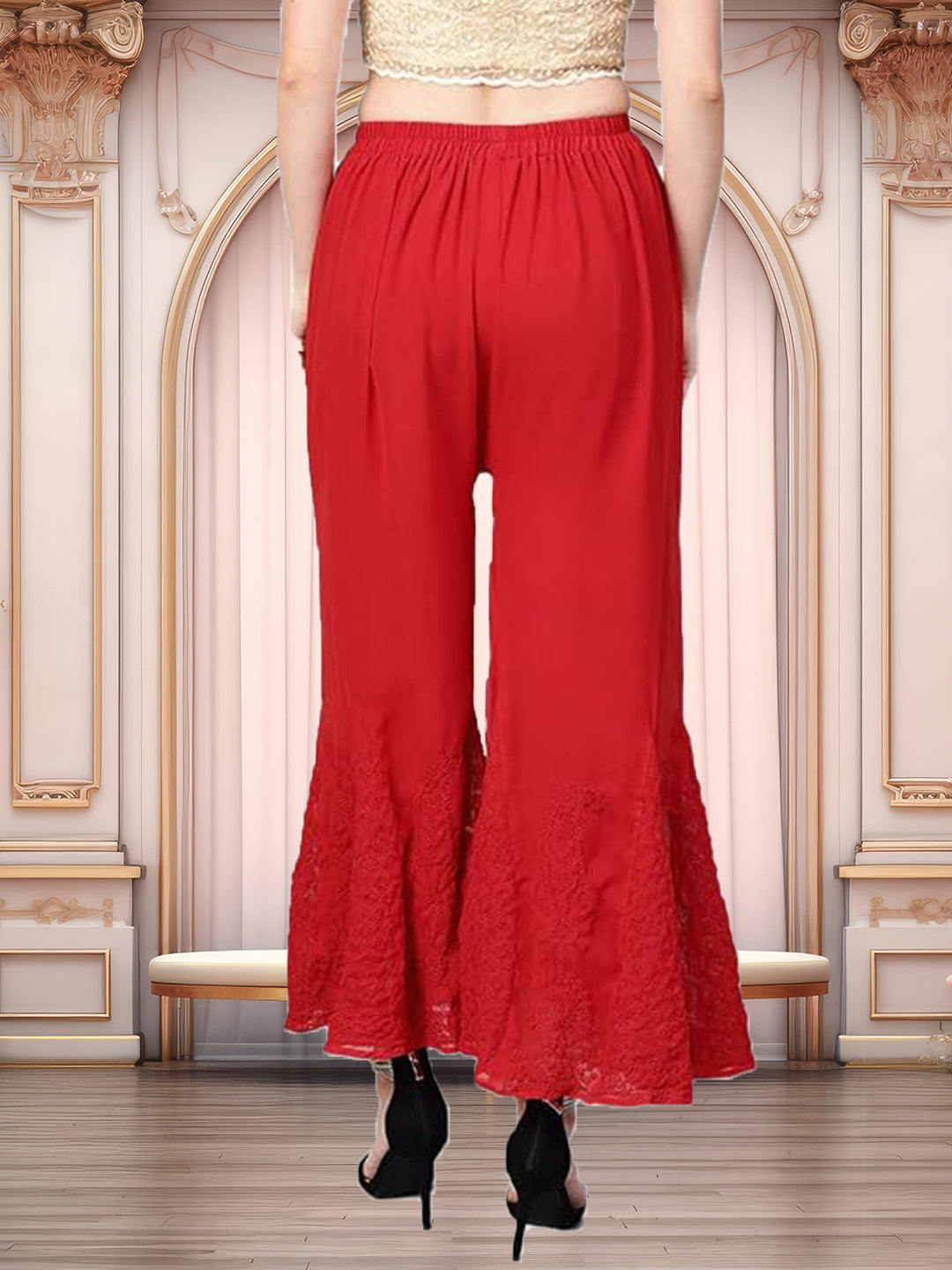 Lucknowi Chikankari Handwork Georgette Red Sharara by ADR Chikan