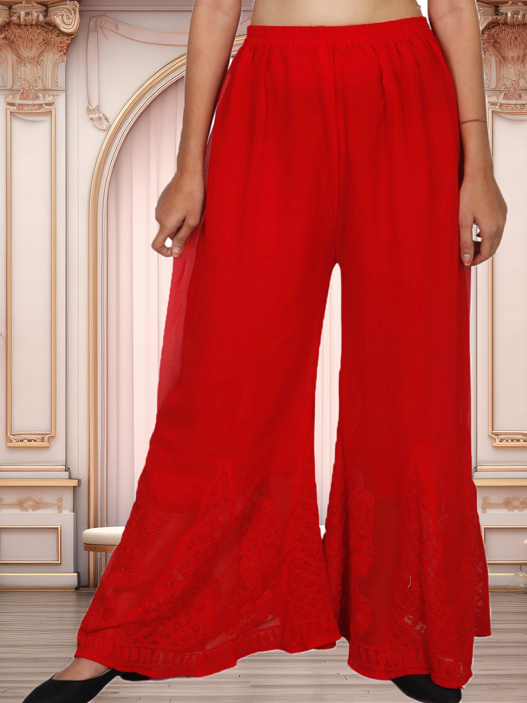 Lucknowi Chikankari Handwork Georgette Red Sharara by ADR Chikan