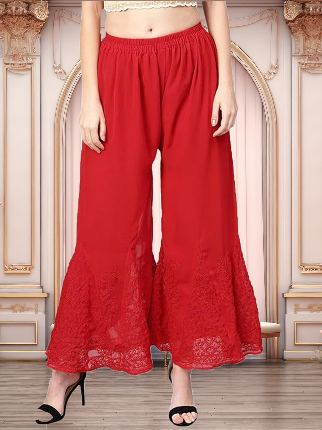 Lucknowi Chikankari Handwork Georgette Red Sharara by ADR Chikan