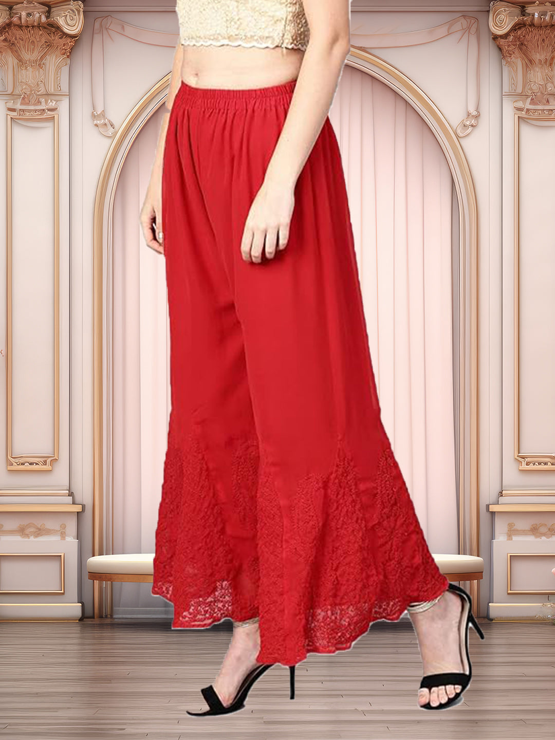 Lucknowi Chikankari Handwork Georgette Red Sharara by ADR Chikan
