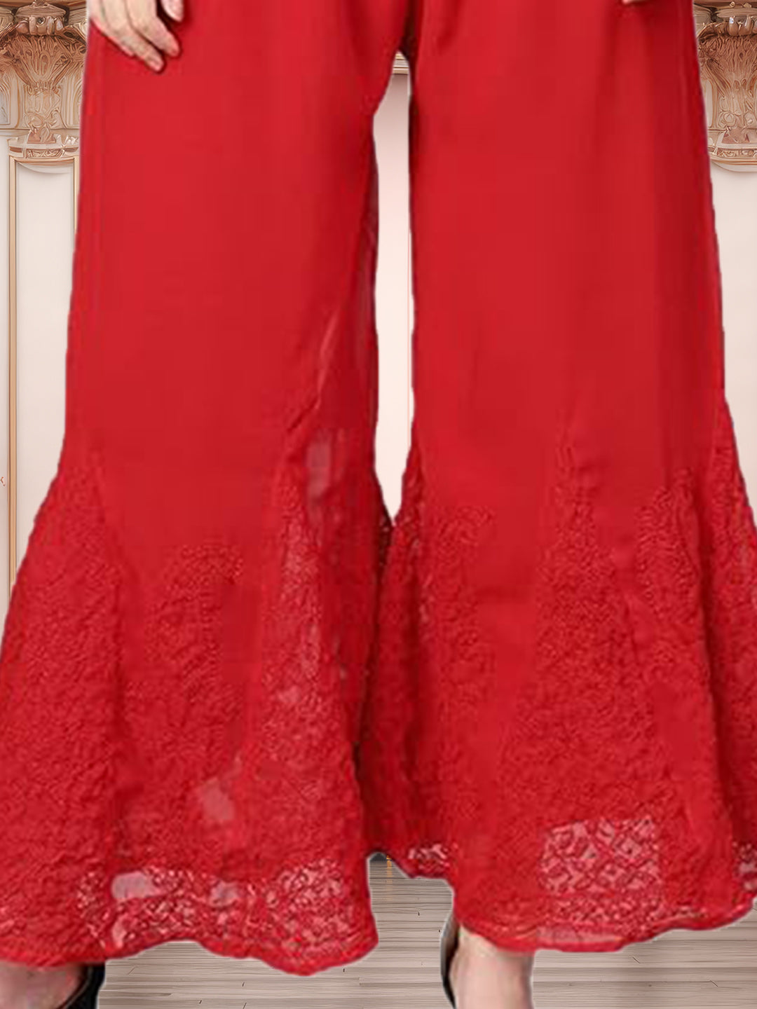 Lucknowi Chikankari Handwork Georgette Red Sharara by ADR Chikan