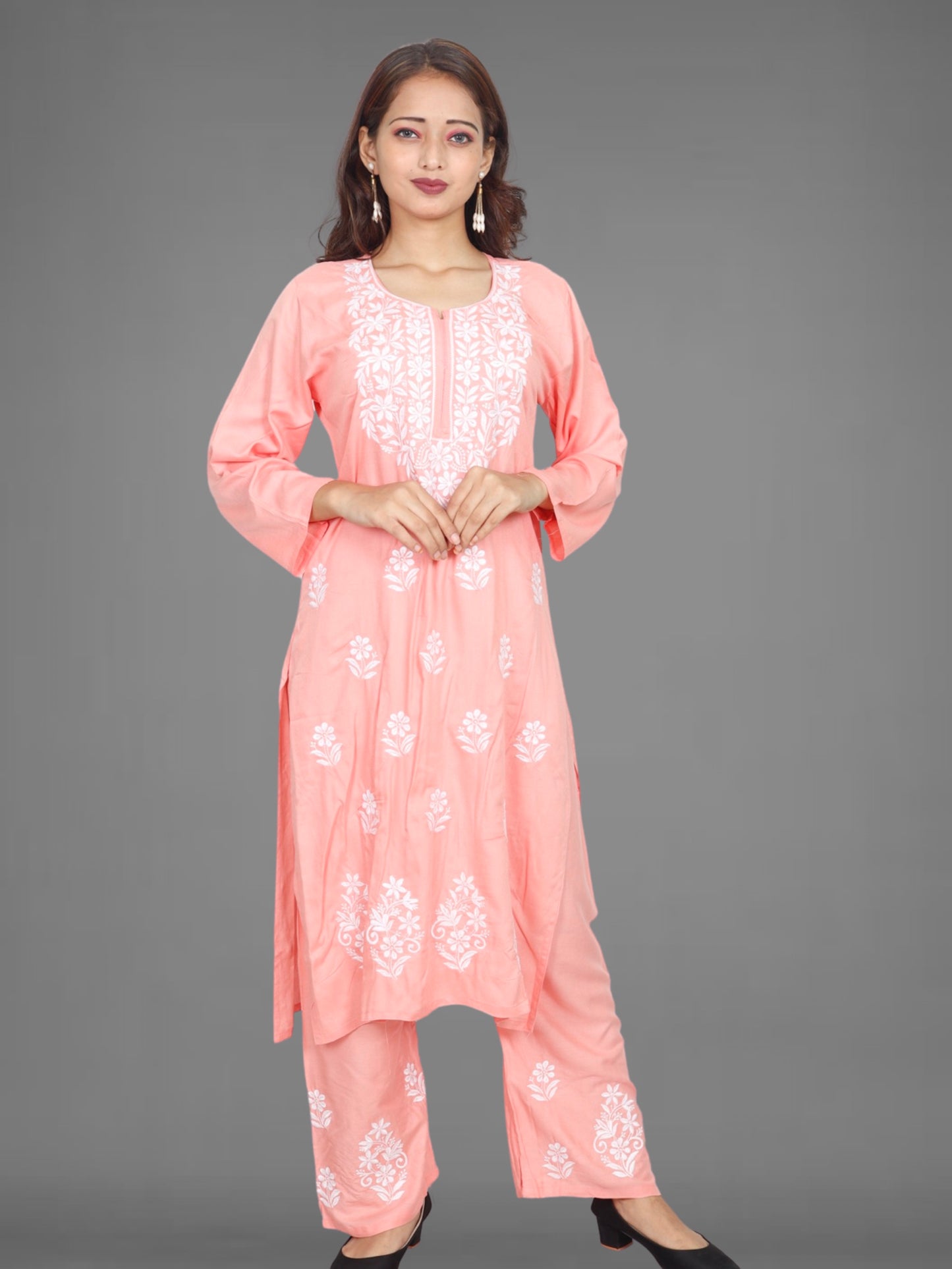 Trending Lucknowi Chikankari Embroidery Soft Rayon Kurta Palazzo Set