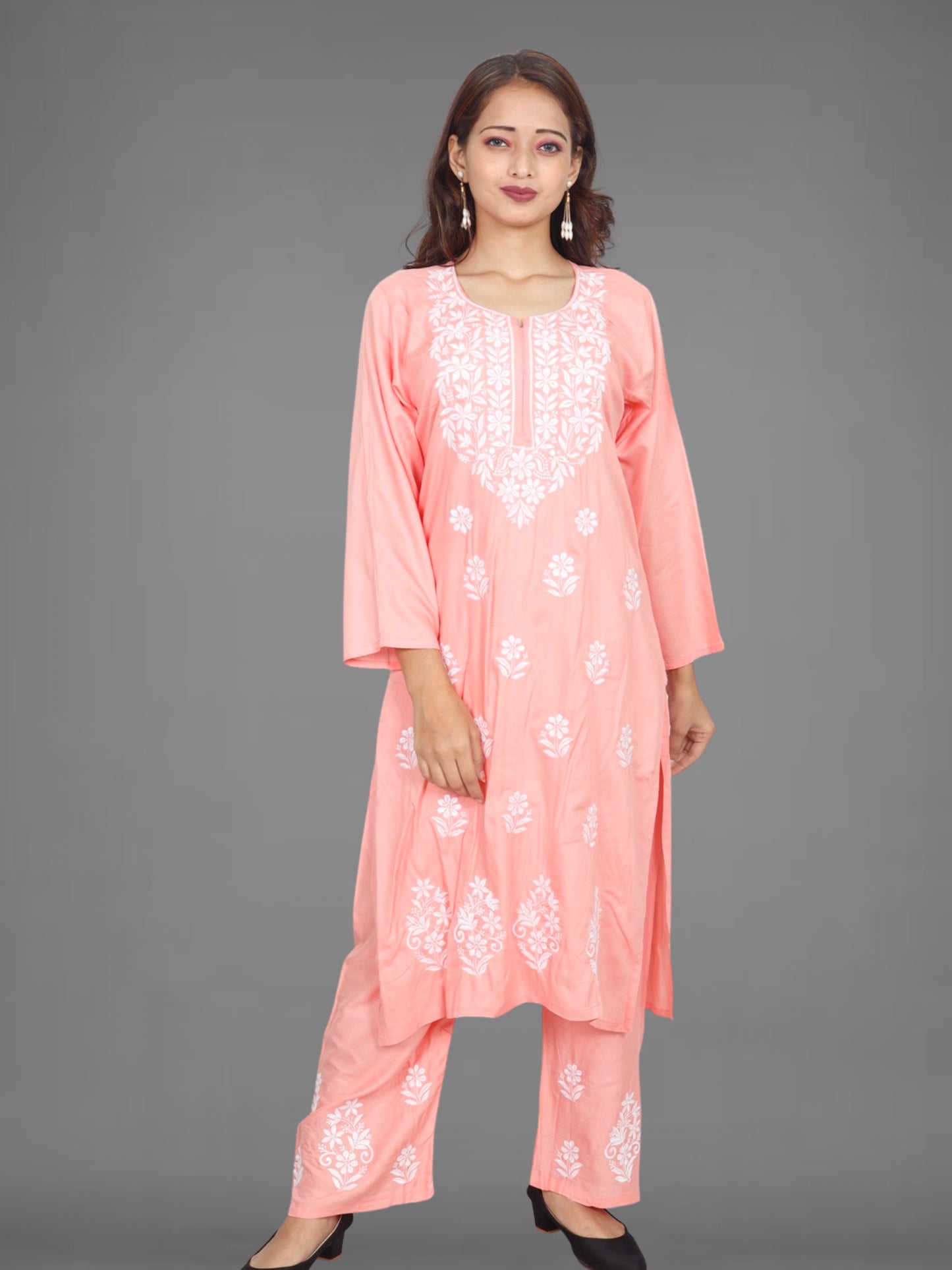 Trending Lucknowi Chikankari Embroidery Soft Rayon Kurta Palazzo Set