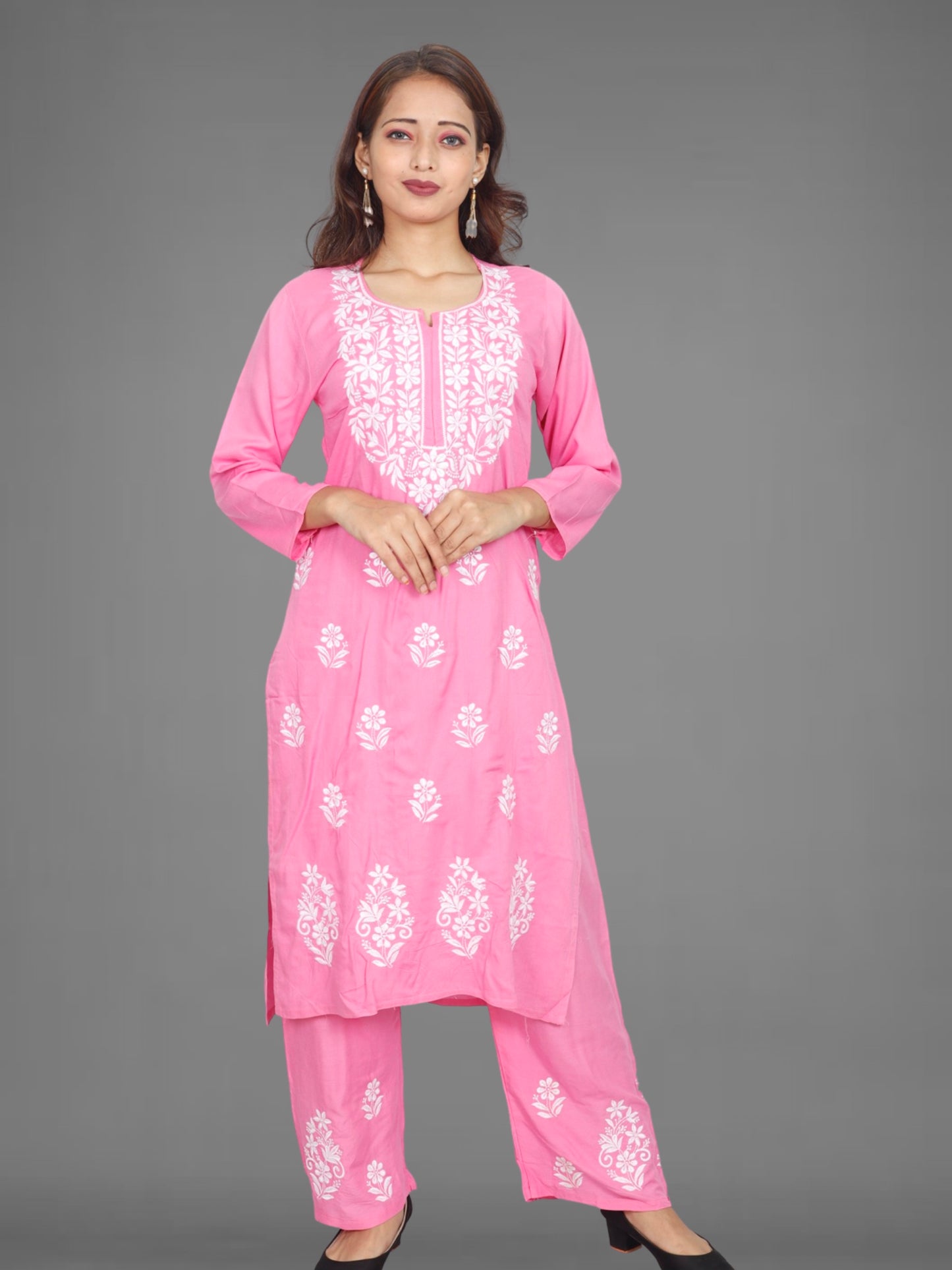 Trending Lucknowi Chikankari Embroidery Soft Rayon Kurta Palazzo Set