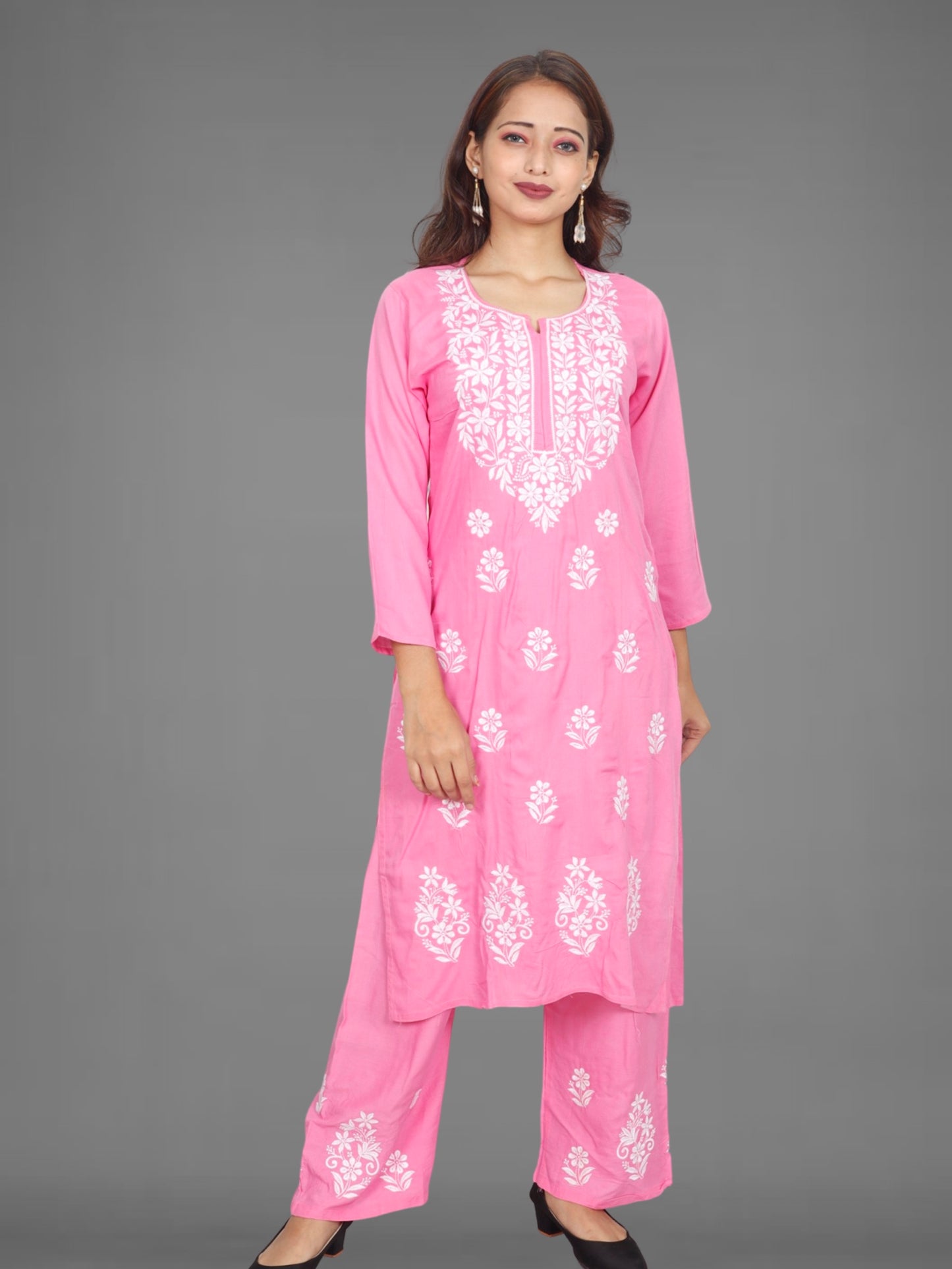 Trending Lucknowi Chikankari Embroidery Soft Rayon Kurta Palazzo Set