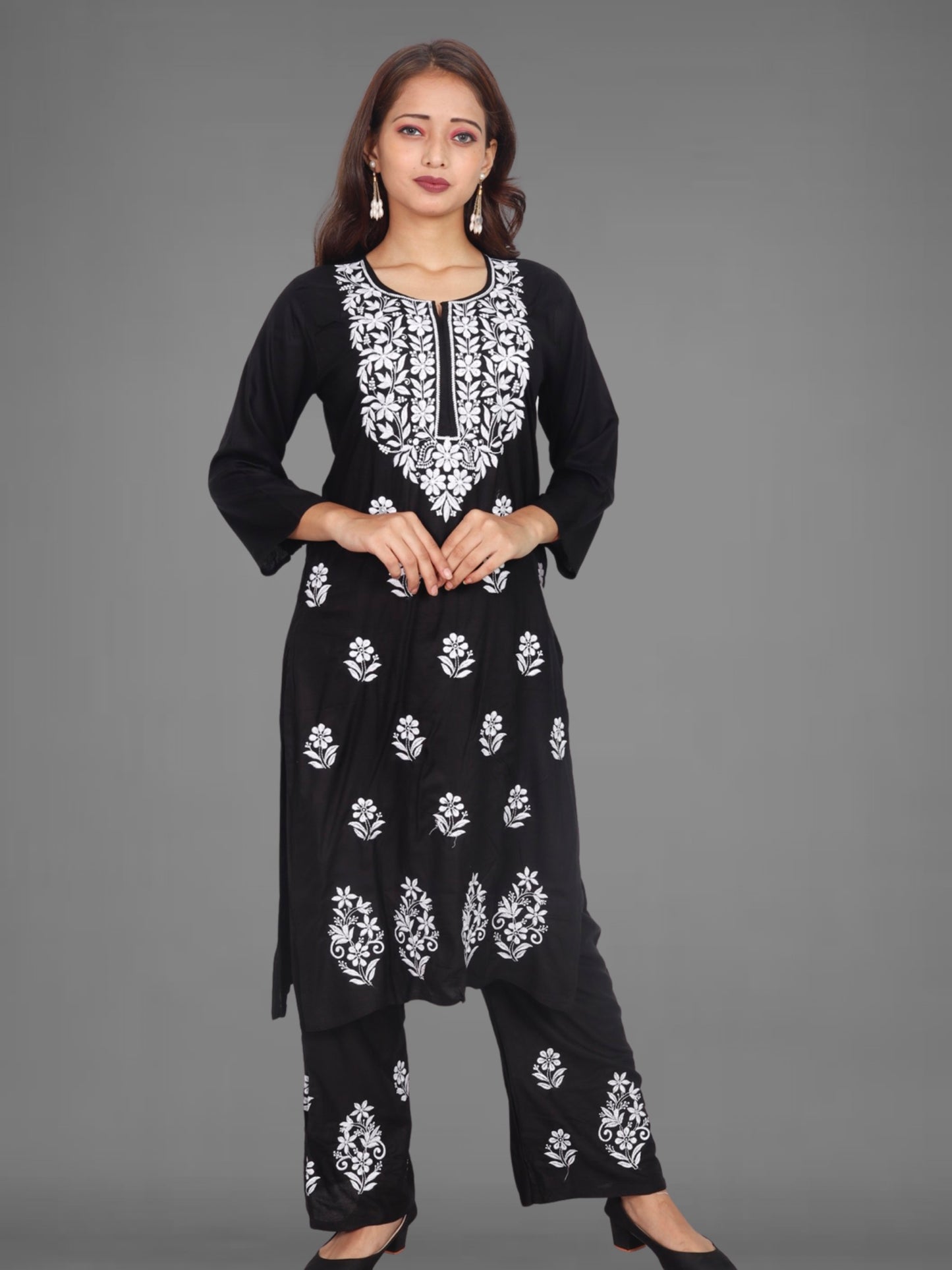 Trending Lucknowi Chikankari Embroidery Soft Rayon Kurta Palazzo Set