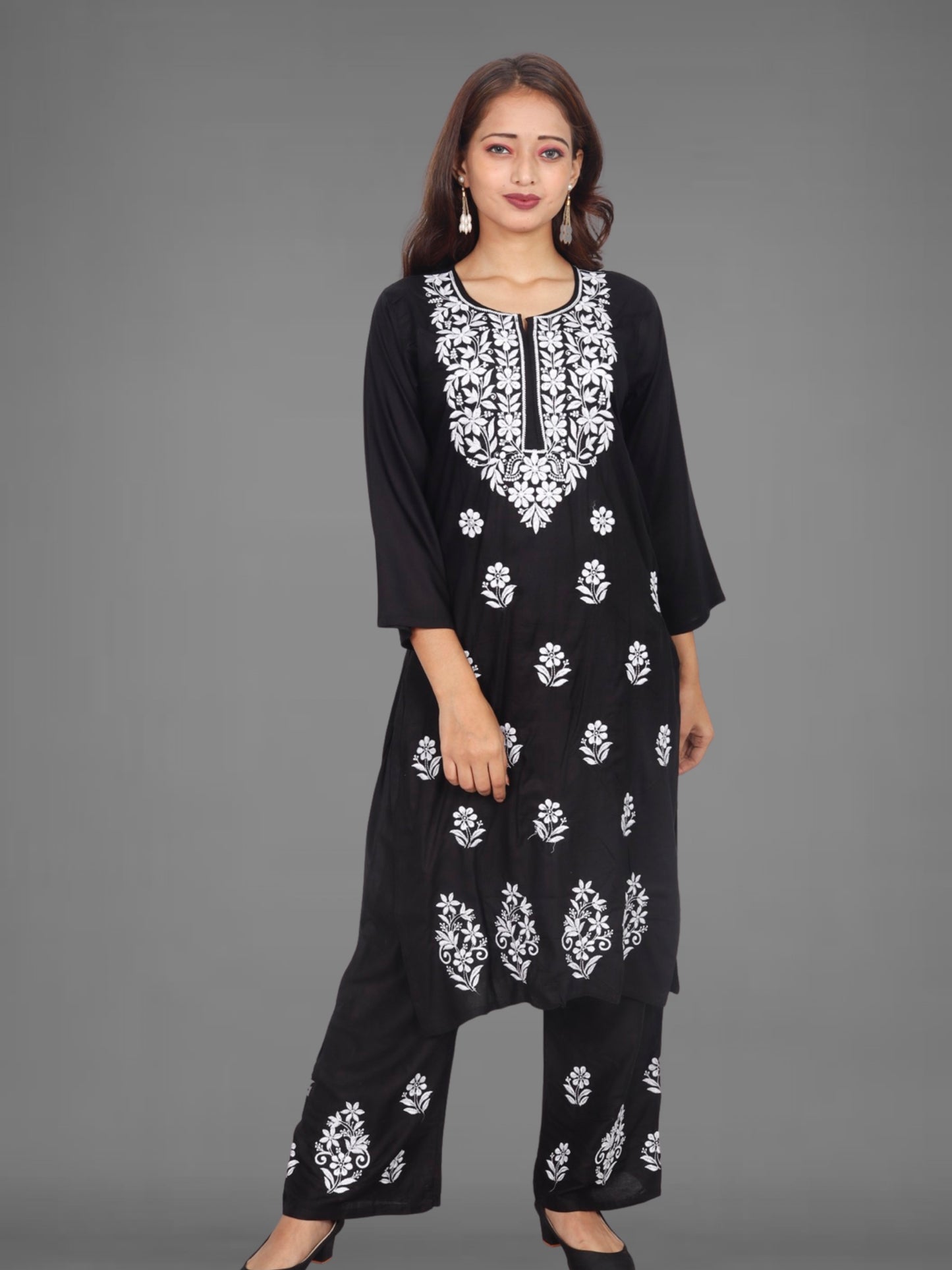 Trending Lucknowi Chikankari Embroidery Soft Rayon Kurta Palazzo Set