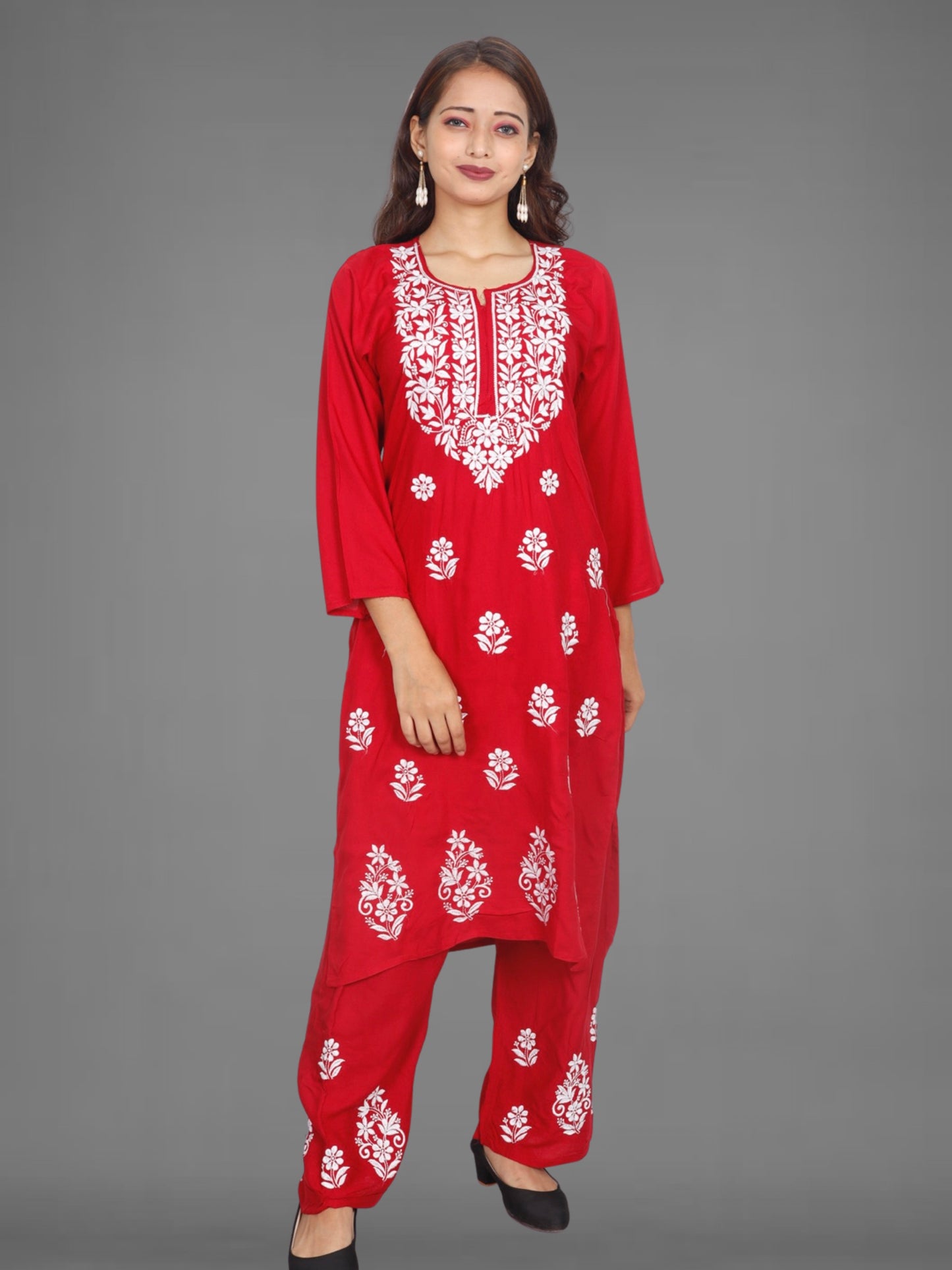 Trending Lucknowi Chikankari Embroidery Soft Rayon Kurta Palazzo Set