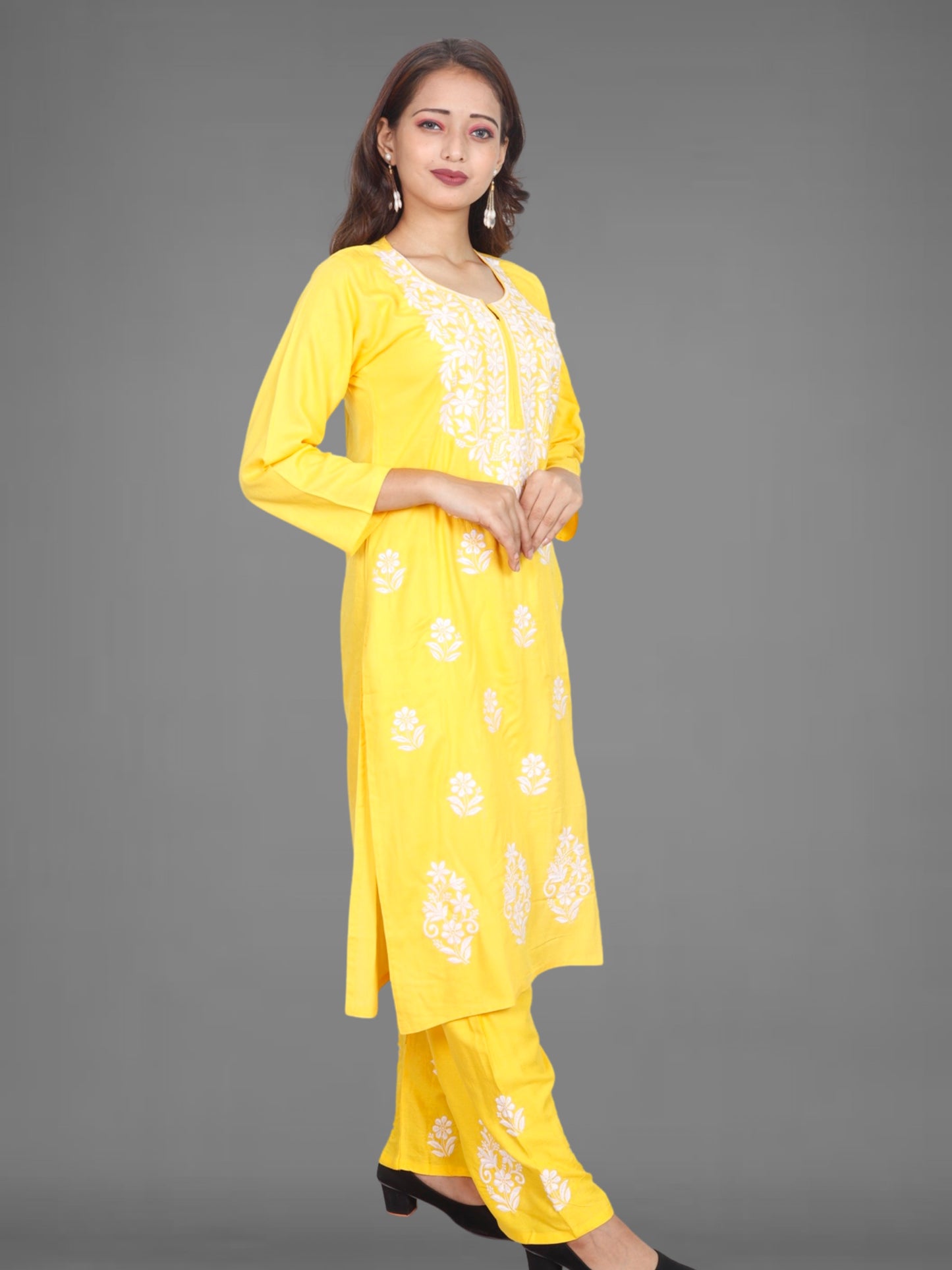 Trending Lucknowi Chikankari Embroidery Soft Rayon Kurta Palazzo Set