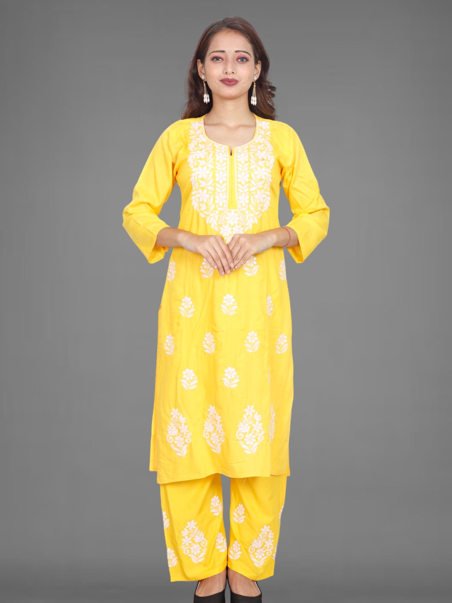 Trending Lucknowi Chikankari Embroidery Soft Rayon Kurta Palazzo Set