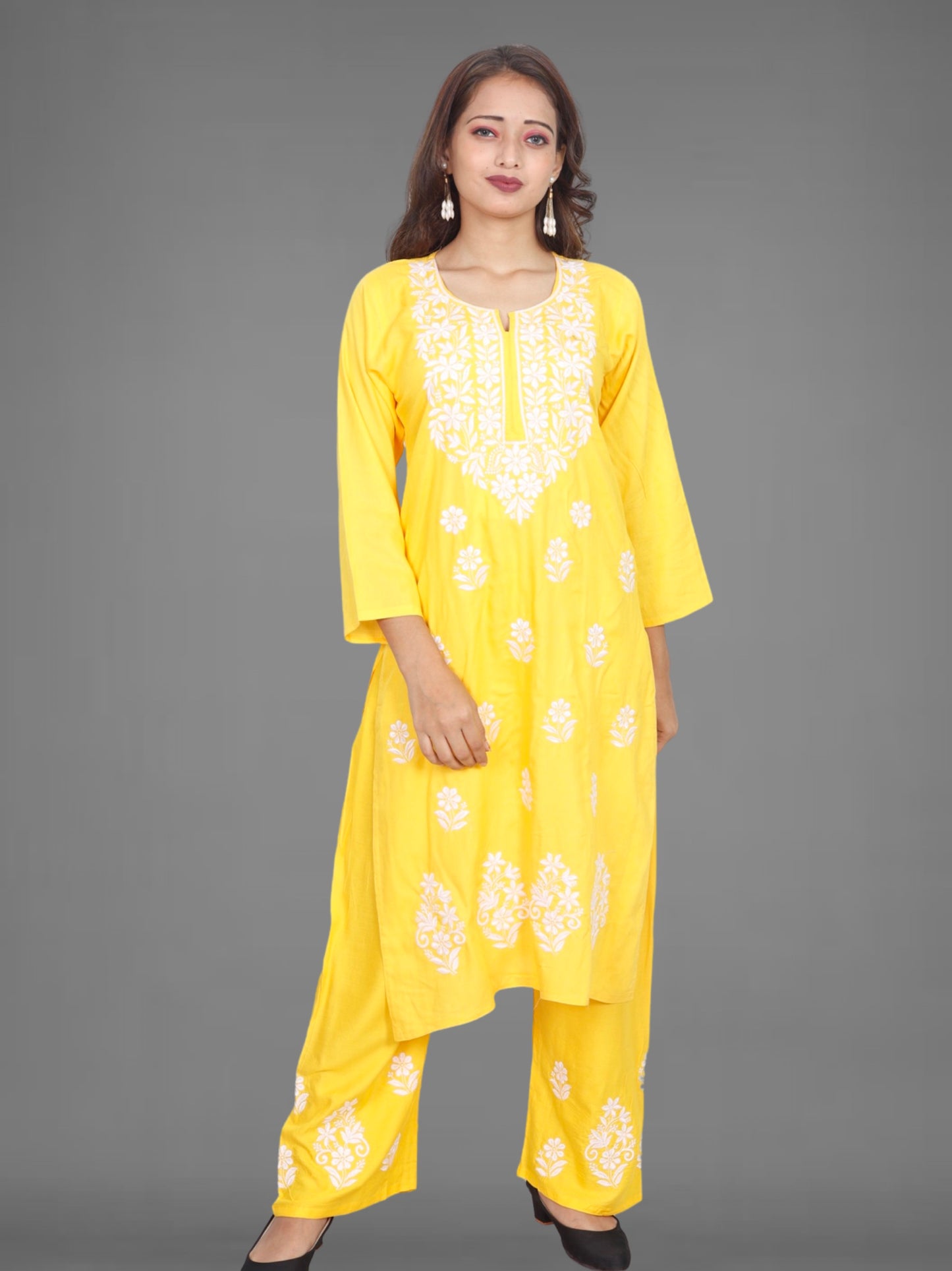 Trending Lucknowi Chikankari Embroidery Soft Rayon Kurta Palazzo Set
