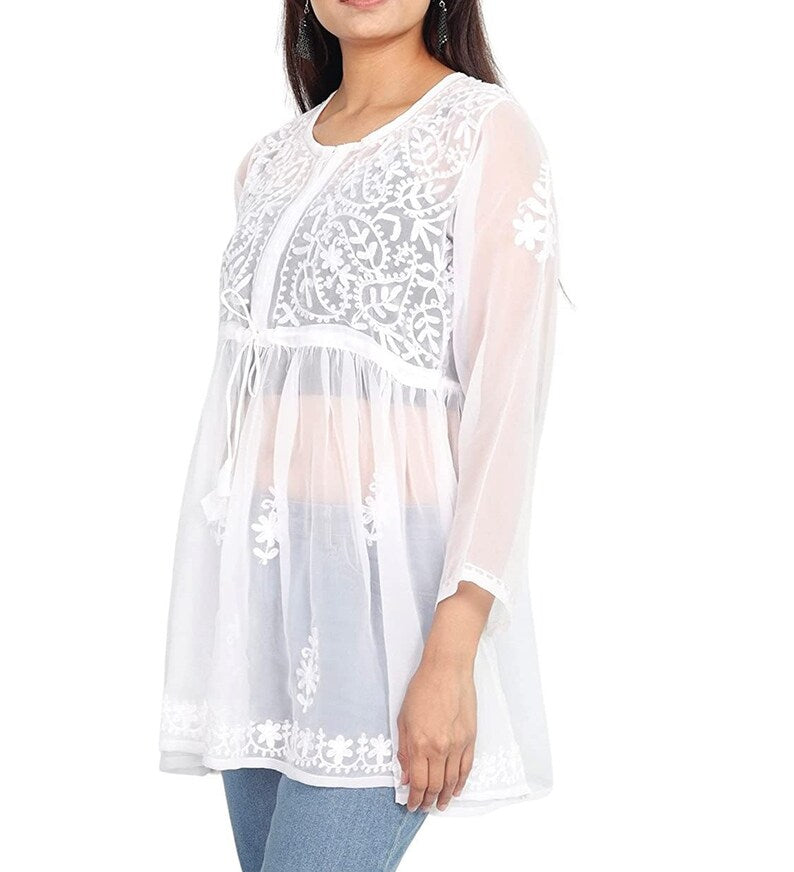 Lucknowi Chikankari Work Short Georgette Top For Girls & Women's.