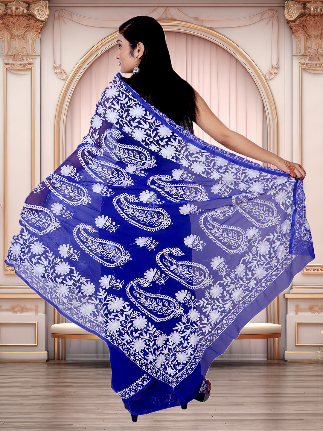 Fancy Butta Design Pallu Chikankari Embroidery Royal Blue Saree